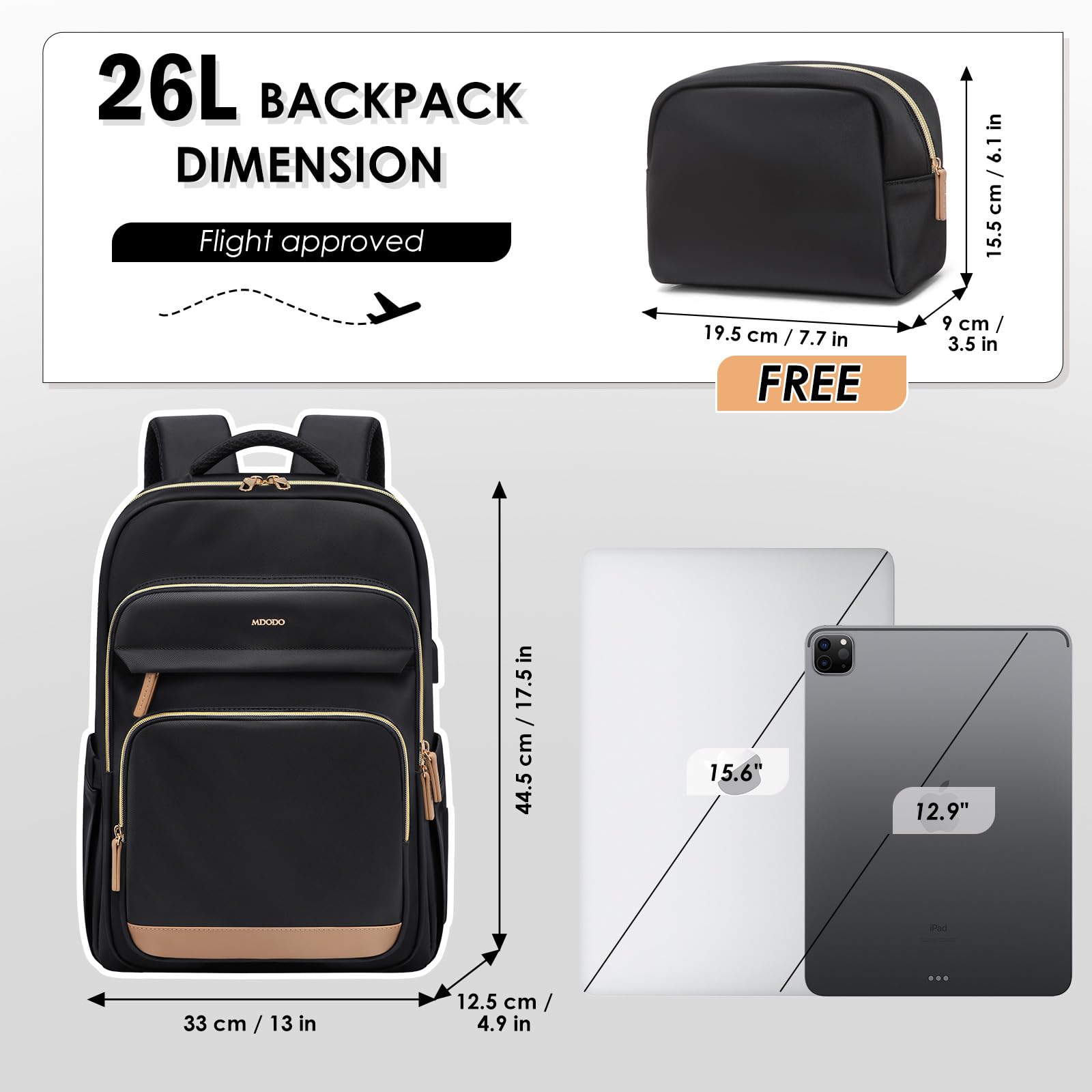 MDODO 15.6 Inch Travel Laptop Backpack for Business & College - Water Resistant Work Backpack with USB Charging Port & Laptop Compartment - Perfect for Commuting, Air Travel & School Use (Black)