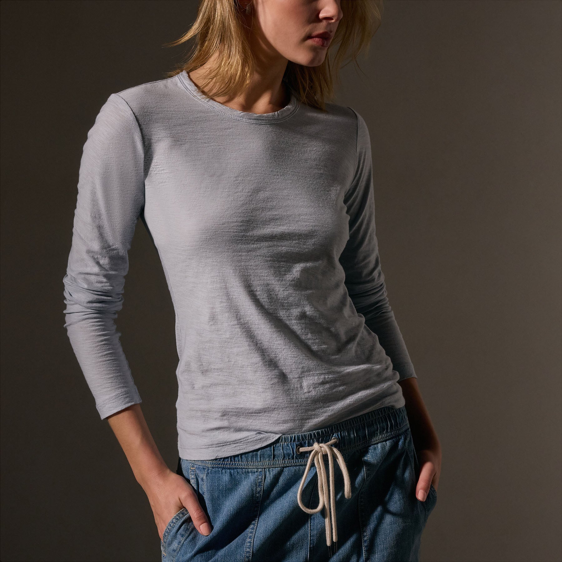 Sheer Slub Long Sleeve Crew Neck T-Shirt for Women - Soft Breathable Grey Glacier Casual Top for Everyday Wear, Layering & Office Outfits