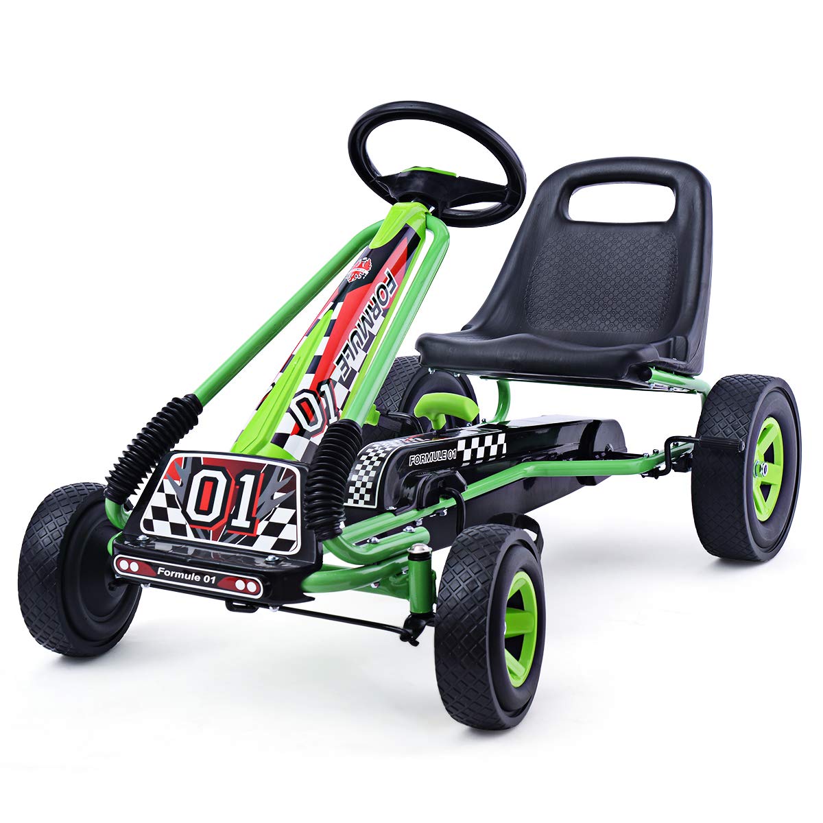**HONEY JOY Kids Go Kart - Adjustable Seat, Safety Brakes & EVA Tires - Green Pedal-Powered Ride-On Car for Outdoor Play and Backyard Fun**