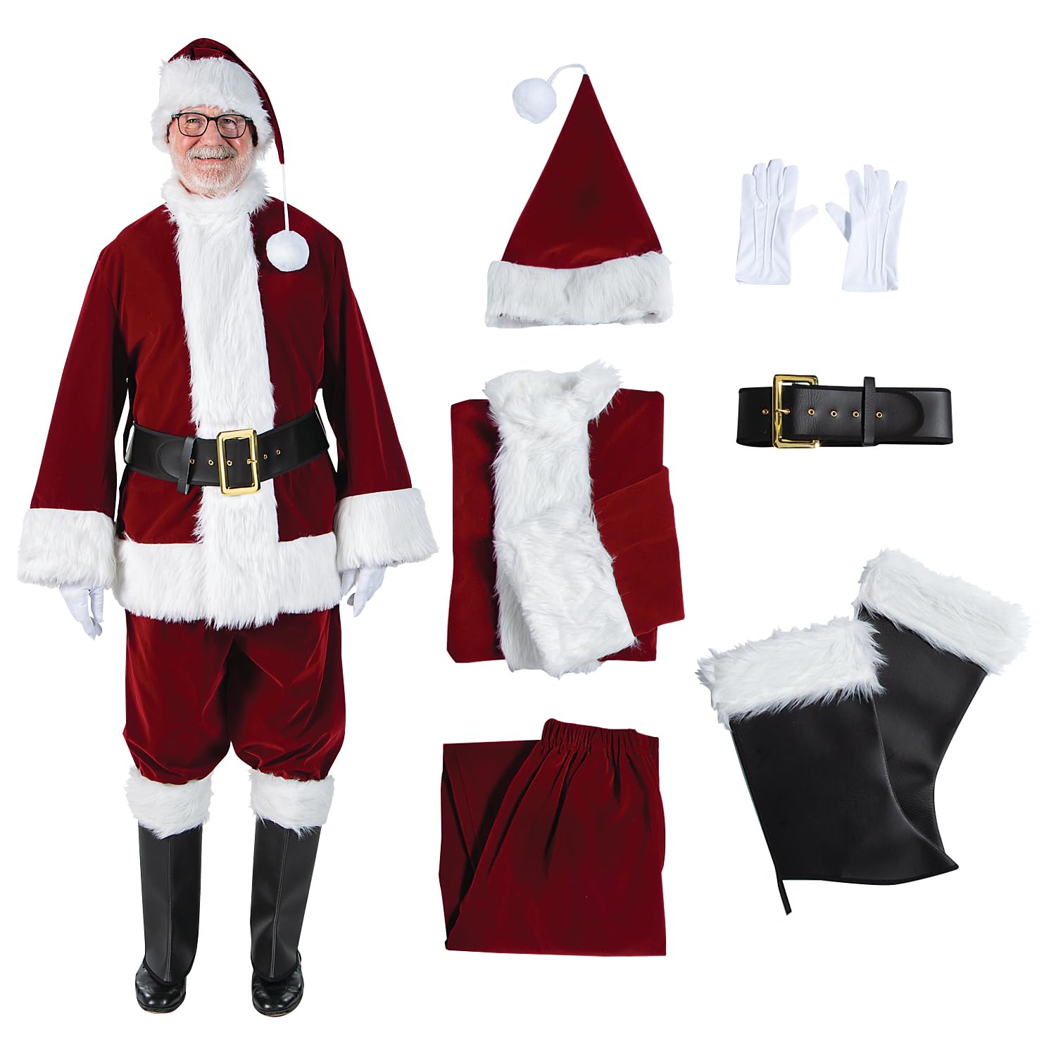 Halco Men's Santa Claus Suit 6pc - Premium Burgundy Velvet Santa Costume Set for Christmas Parties & Holiday Events