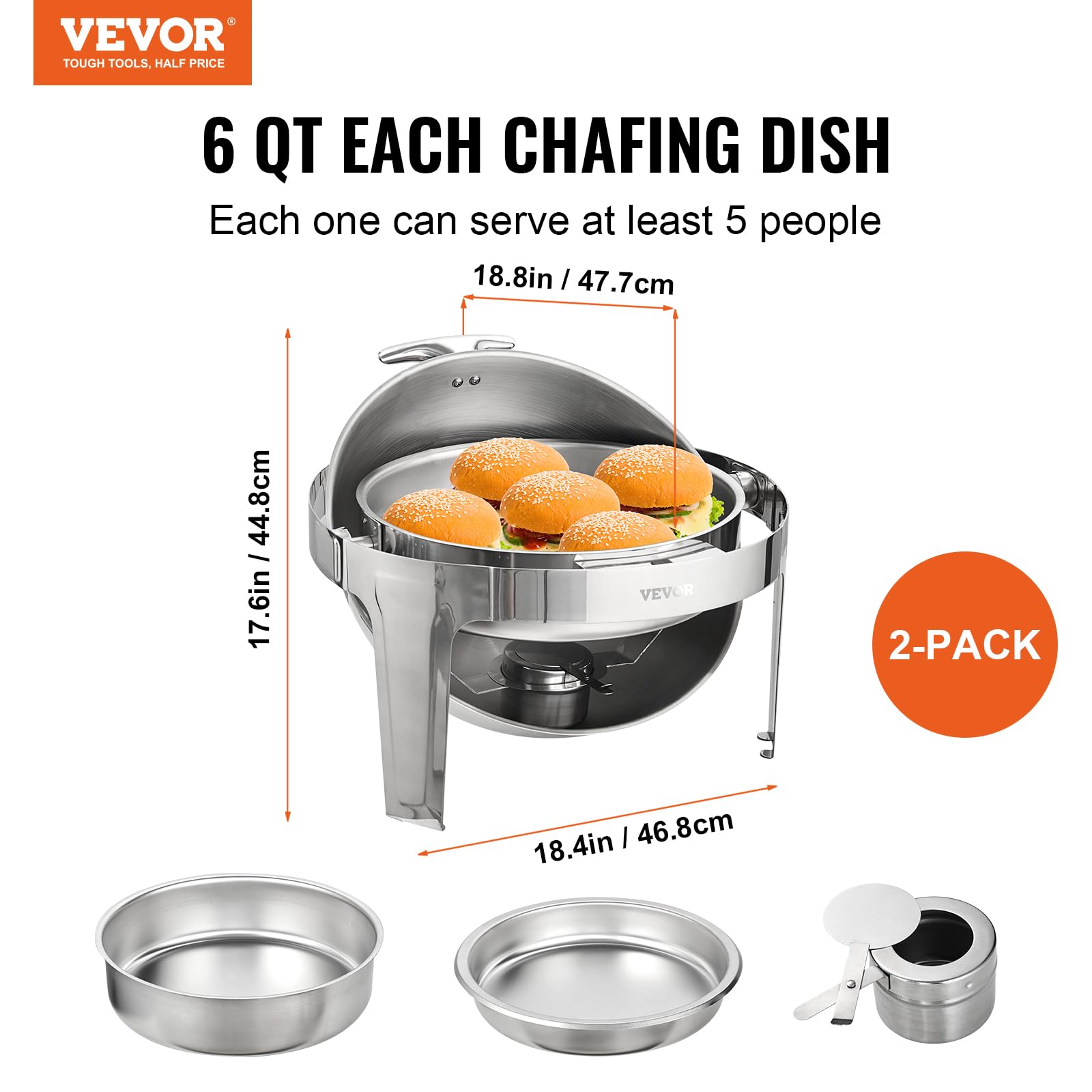 VEVOR 6 Qt Stainless Steel Roll Top Chafing Dish Buffet Set (2 Pack) - Includes 2 Full Size Pans, Lids, Water Pan Stand & Fuel Holder - Perfect for Catering, Buffets, Parties & Serving 5+ People