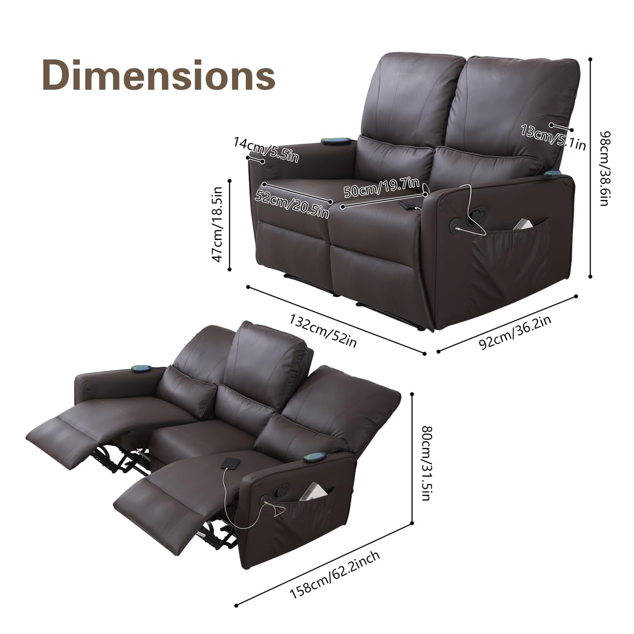 **RVEE RV Loveseat Console Theater Seating – 2-Seater Powered Recliner Double Sofa with USB Charging, Massage & Heat – Faux Leather Brown – Perfect for RV, Home Theater & Living Room**