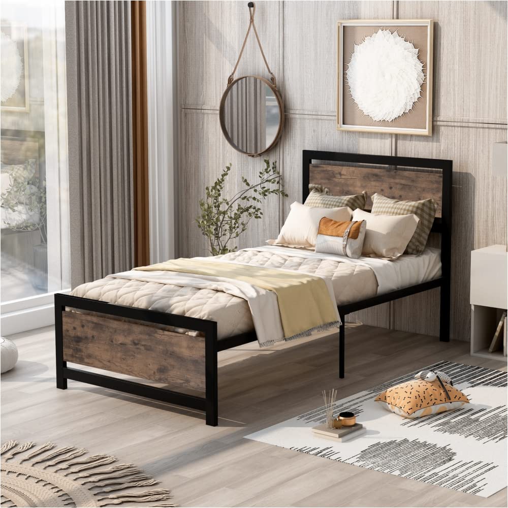 NYCSUOANI Twin Size Metal and Wood Platform Bed Frame with Headboard & Footboard - Sturdy Support for Kids, Teens, and Guest Rooms
