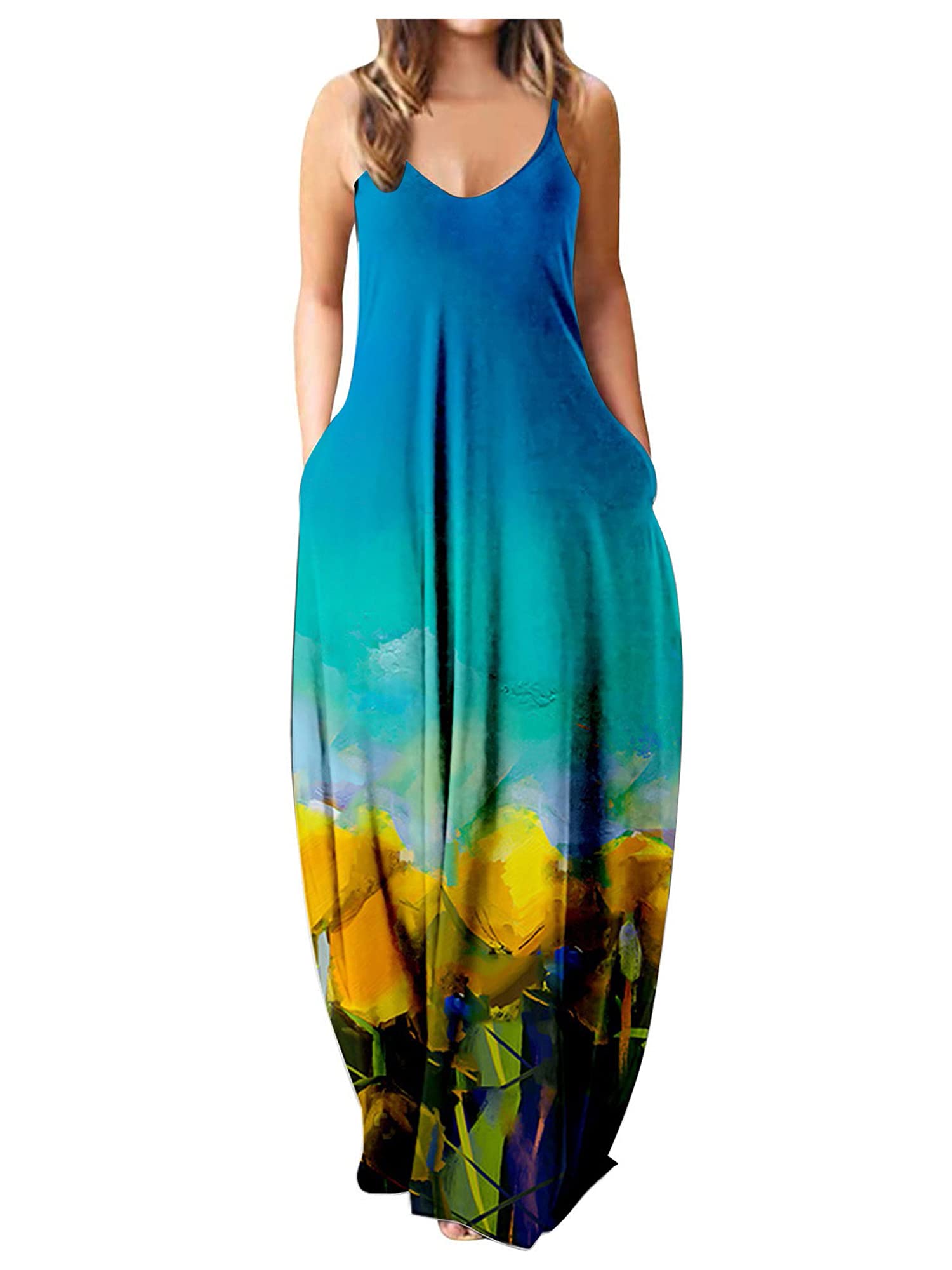 MAINESAKA Women's Bohemian Floral Print Maxi Dress - Casual Spaghetti Strap Long Dress with Pockets | Perfect for Beach, Vacation & Summer Outfits