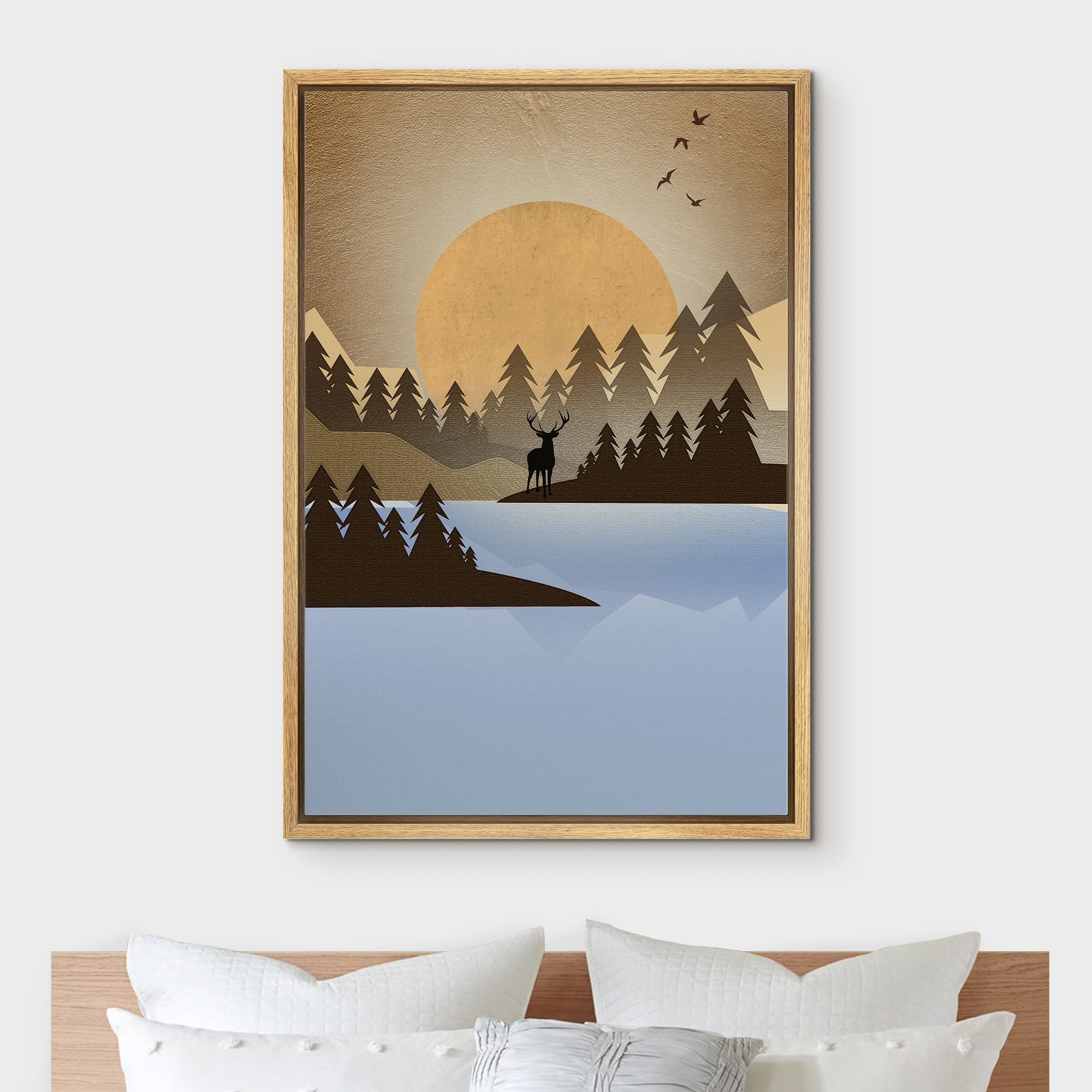 IDEA4WALL Framed Canvas Print - Woodland Nursery Decor with Full Moon Over Elk & Forest Abstract Wilderness Illustrations - Modern Art for Living Room, Bedroom, Office - 24