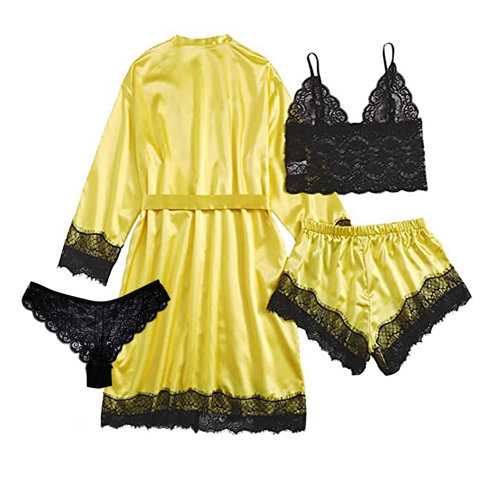 Maryia Women's Sexy Lace Leopard Print 4-Piece Nightgown Set - Silk Satin Cami Pajamas & Kimono Robe for Bridesmaids, Wedding Nightwear - Perfect for Honeymoon, Anniversary Gifts & Romantic Evenings