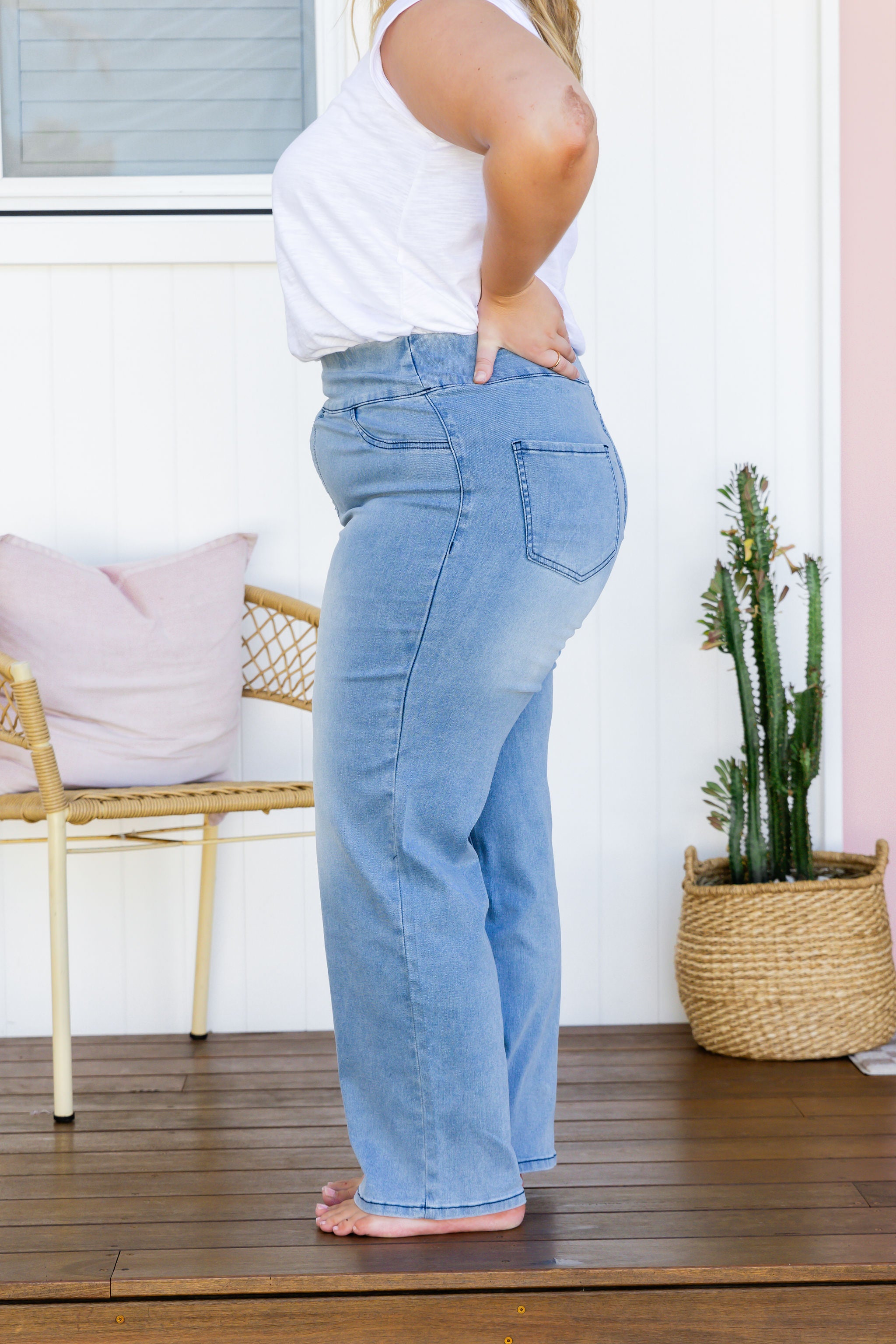 Lara Women's Light Blue Pull-On Stretch Jeans - Comfortable High Waist Skinny Denim Pants for Casual Wear & Everyday Outfits