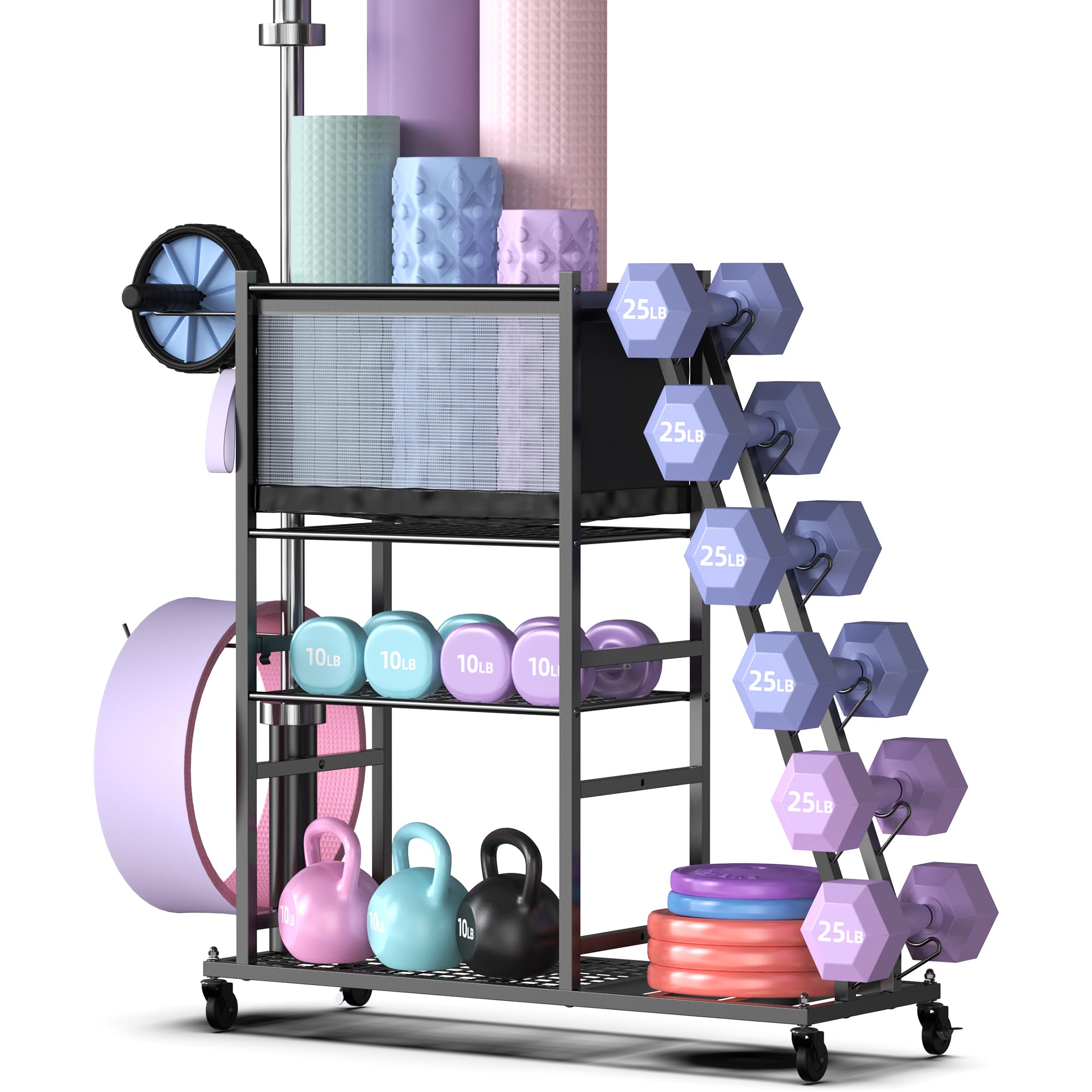 **PLKOW Heavy Duty Dumbbell Rack Stand - Adjustable Home Gym Storage Organizer for Dumbbells, Kettlebells, Barbells, Yoga Mats & Straps - Space-Saving Workout Equipment Rack with Wheels & Hooks - Perfect for Garage, Basement & Home Gym Organization**