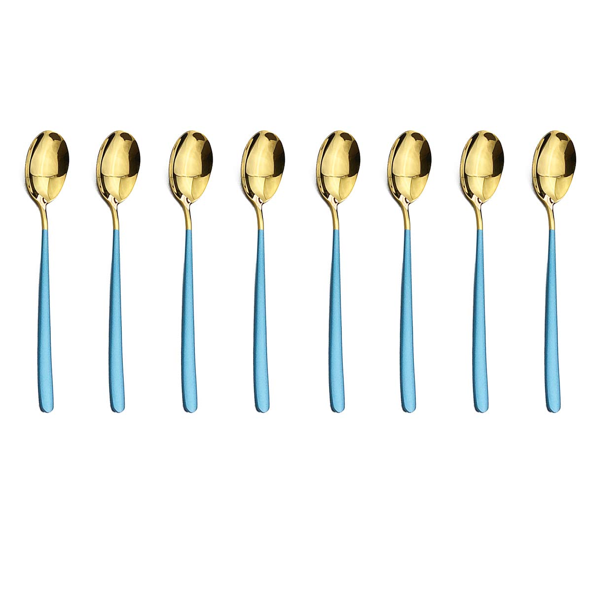 8-Piece Large Stainless Steel Dinner Spoons Set - 8-inch Elegant Table Soup Spoons for Dining, Silverware Utensils for Restaurant & Home Use, Dishwasher Safe (Blue & Gold) - Perfect for Everyday Meals, Dinner Parties & Gifts