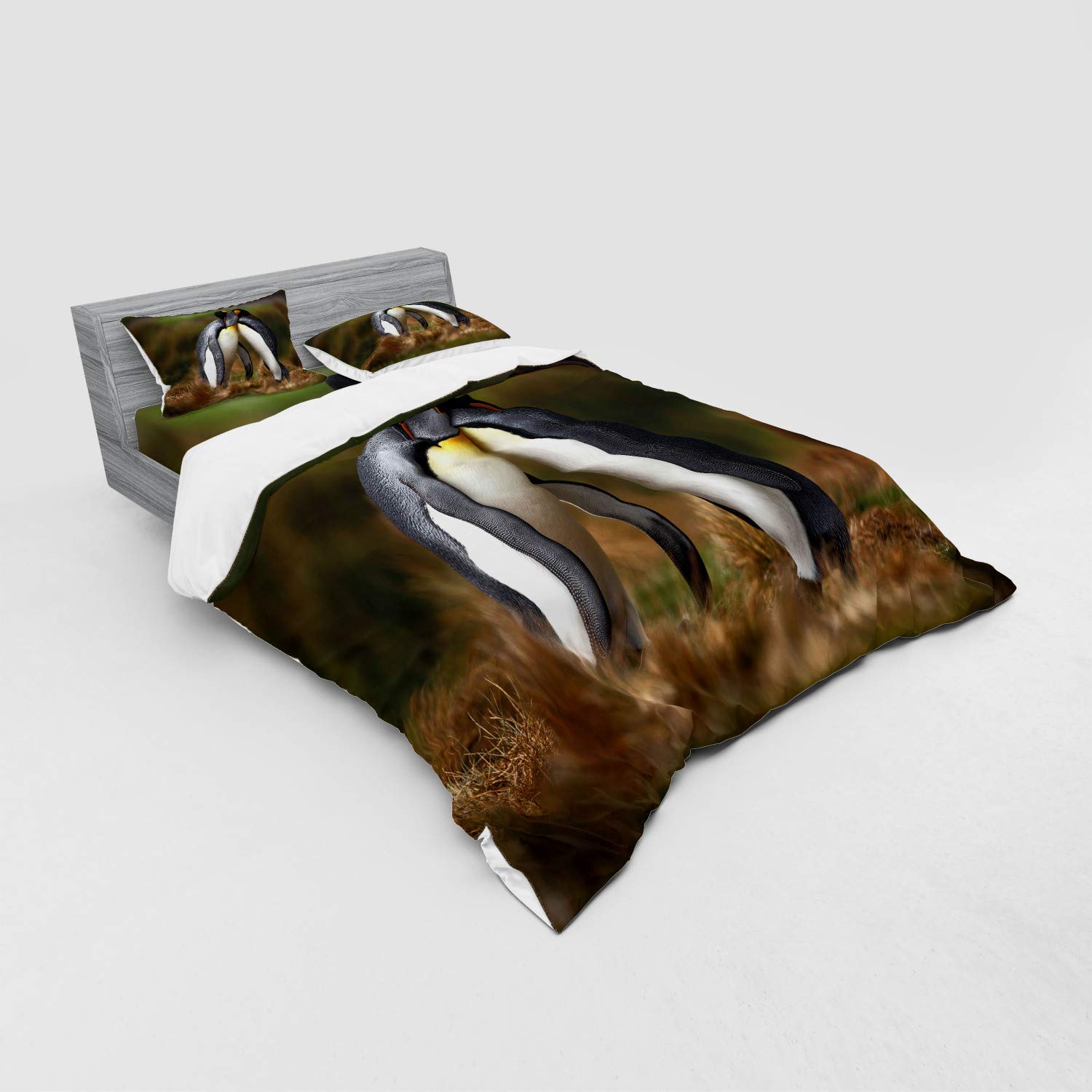 Ambesonne 4-Piece Queen Size Penguin Couple Duvet Cover Set with Shams & Fitted Sheet - Wild Nature Romance Falkland Islands Fauna Animal Bedding - Perfect for Cozy Winter Nights & Couples' Bedroom Decor
