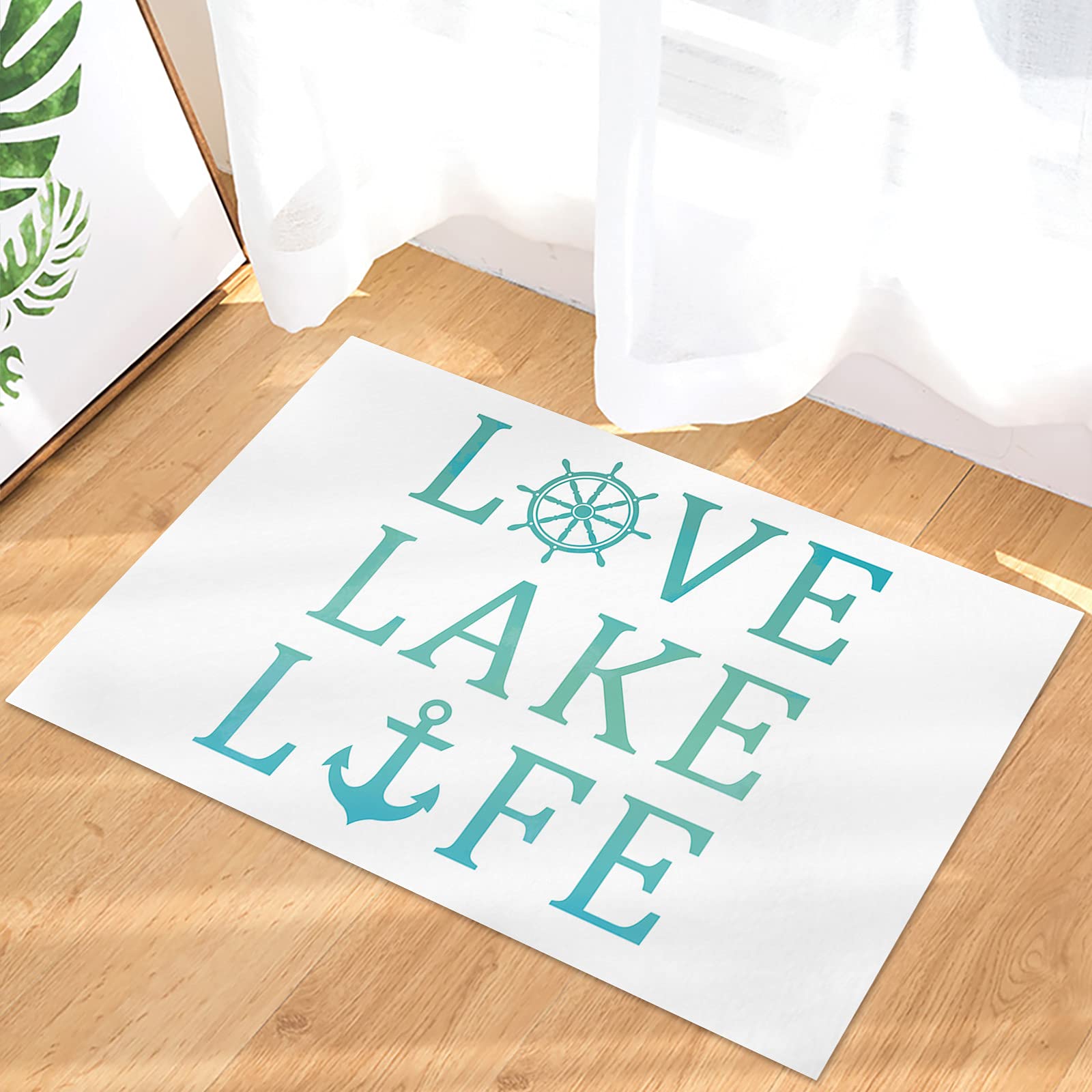 Non-Slip Indoor Doormat - Super Absorbent Bath Rug & Entrance Mat - Lake Life Nautical Anchor Design in Cyan & White - Perfect for Bathroom, Bedroom, Kitchen & Living Room Decor - Ideal for High Traffic Areas & Wet Floors