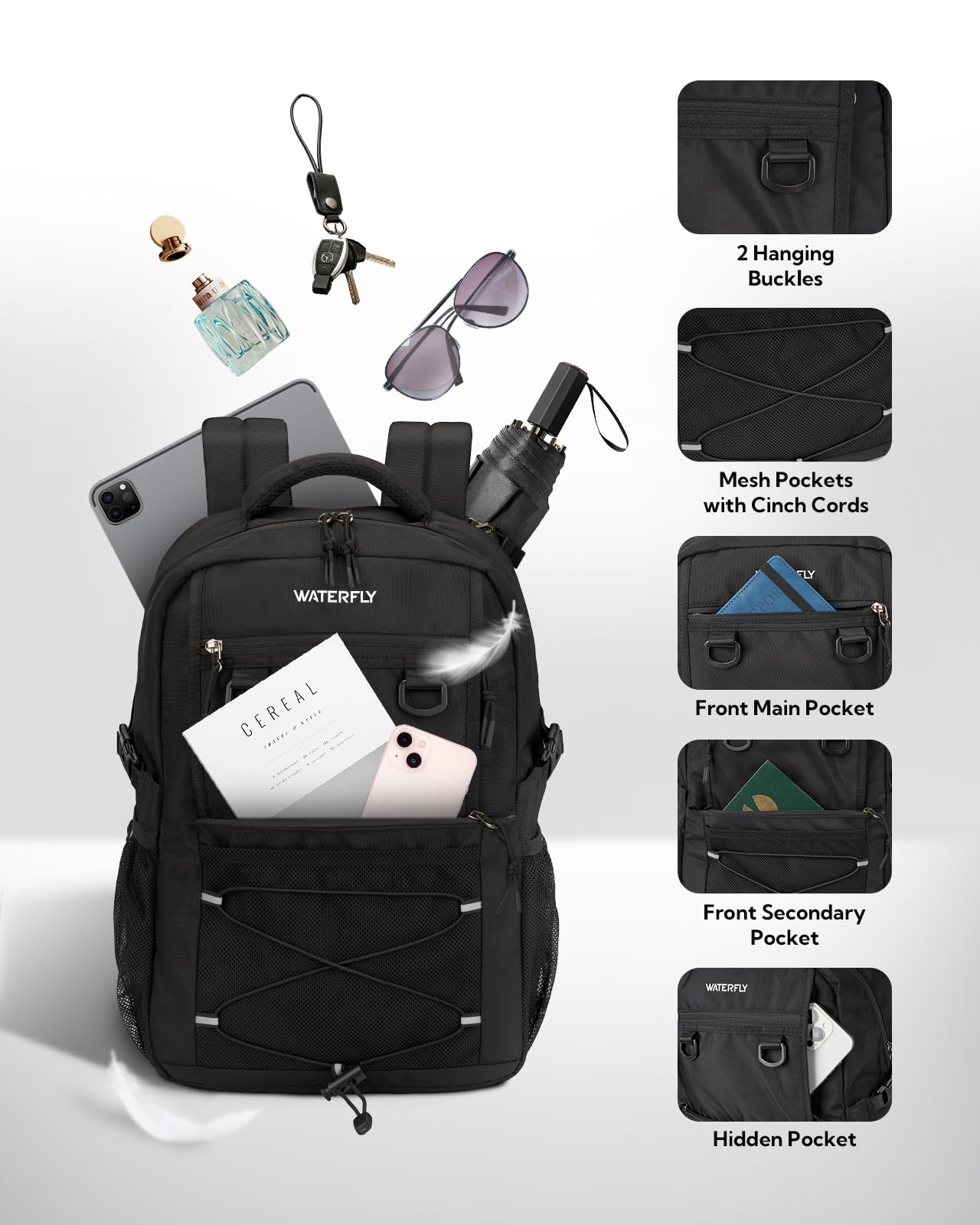 **WATERFLY 22L Lightweight Travel Backpack for Hiking, Commuting & College - Durable Daypack with Multiple Compartments for Men & Women - Perfect for Outdoor Adventures, Airplane Carry-On & Everyday Use - Black**    *(Use Cases: Ideal for travel, hiking, work, school, gym, weekend trips, and daily commutes.)*