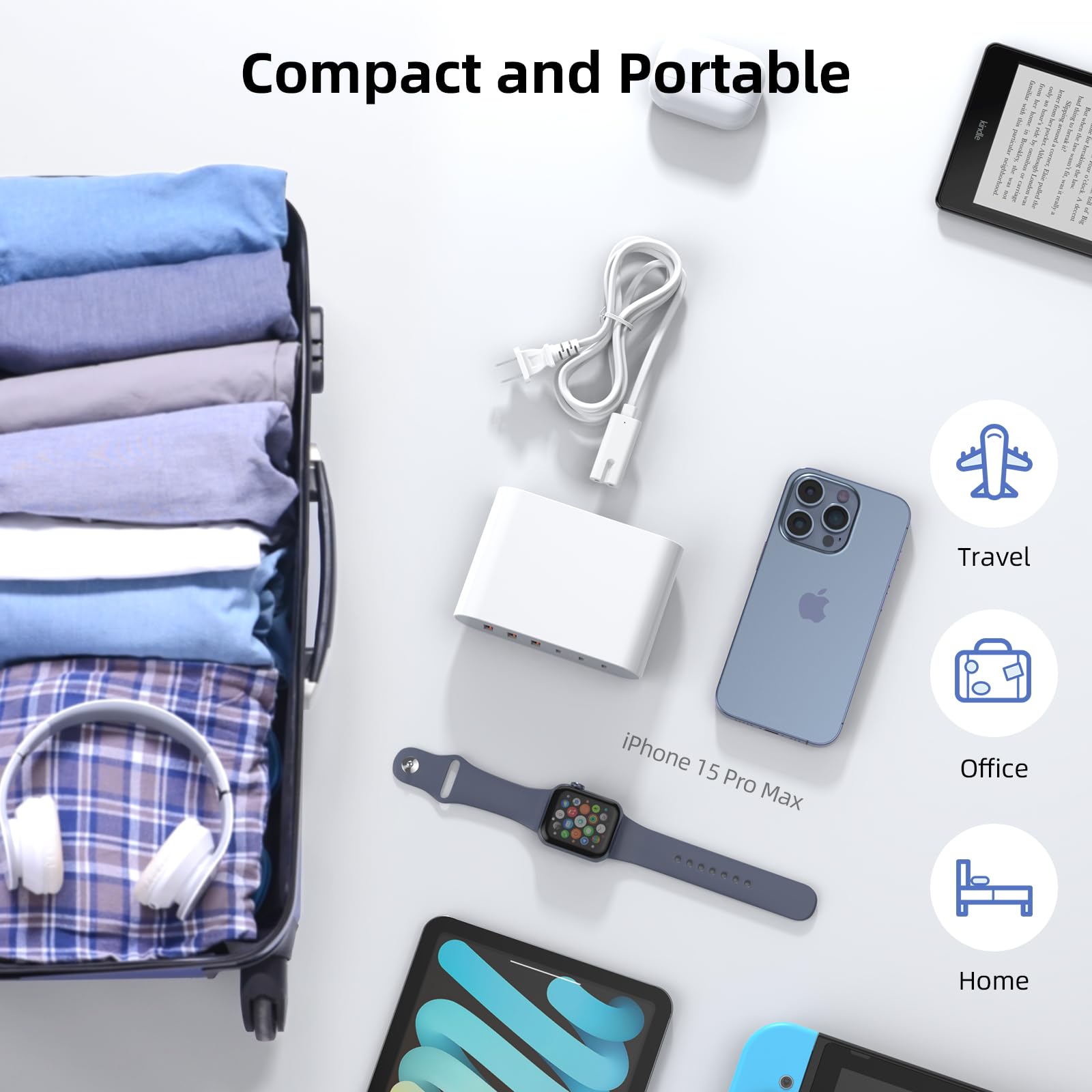 100W GaN USB C Charger Block - 6 Port Fast Charging Station with 3 USB C & 3 USB A Ports - Compact Wall Charger for iPhone 15/14/13/12/11, iPad, Galaxy, Pixel - Perfect for Home, Office & Travel - White