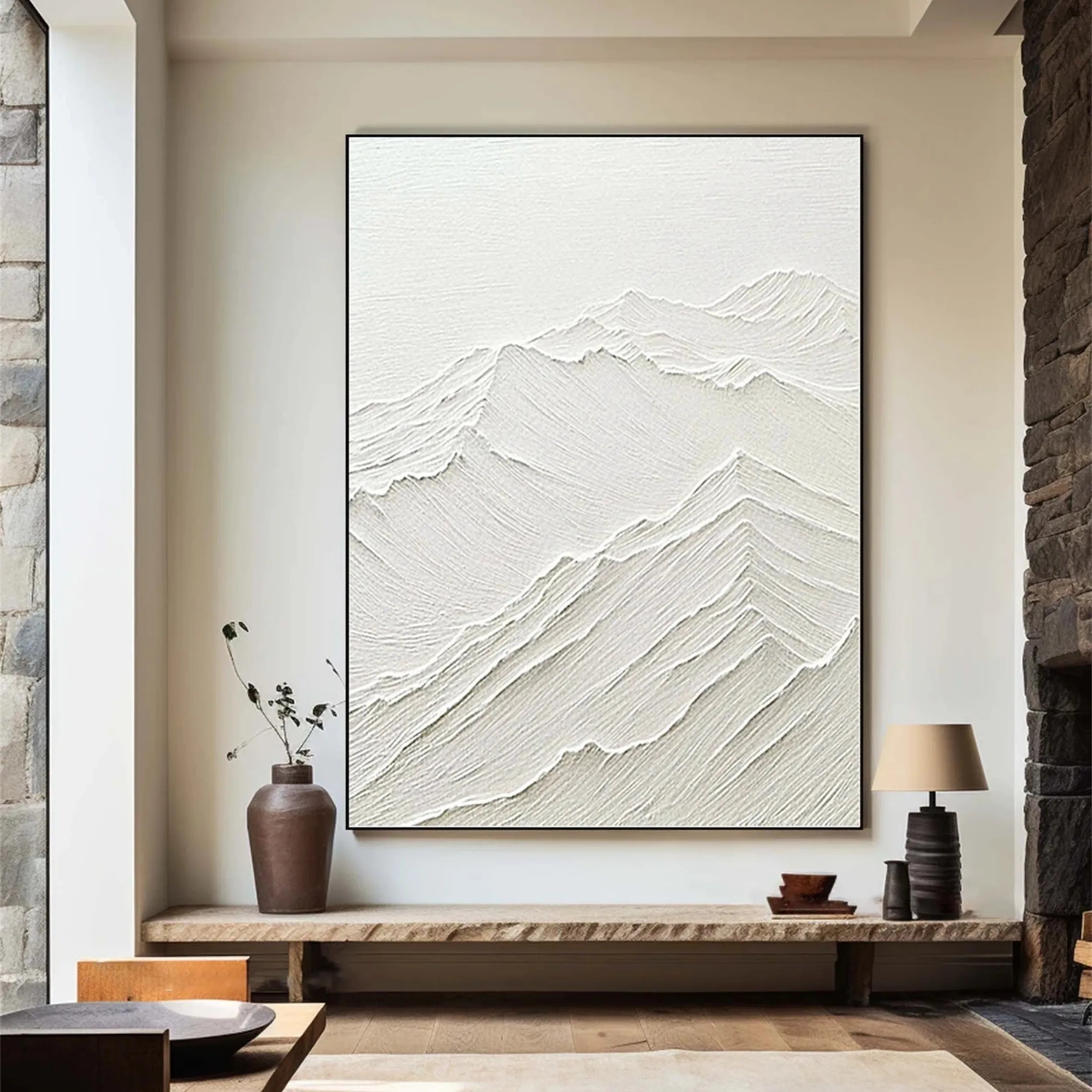White Minimalist Textured Painting Canvas - Modern Abstract Wall Art for Living Room & Bedroom Decor | High-Quality Stretched Canvas #MM192
