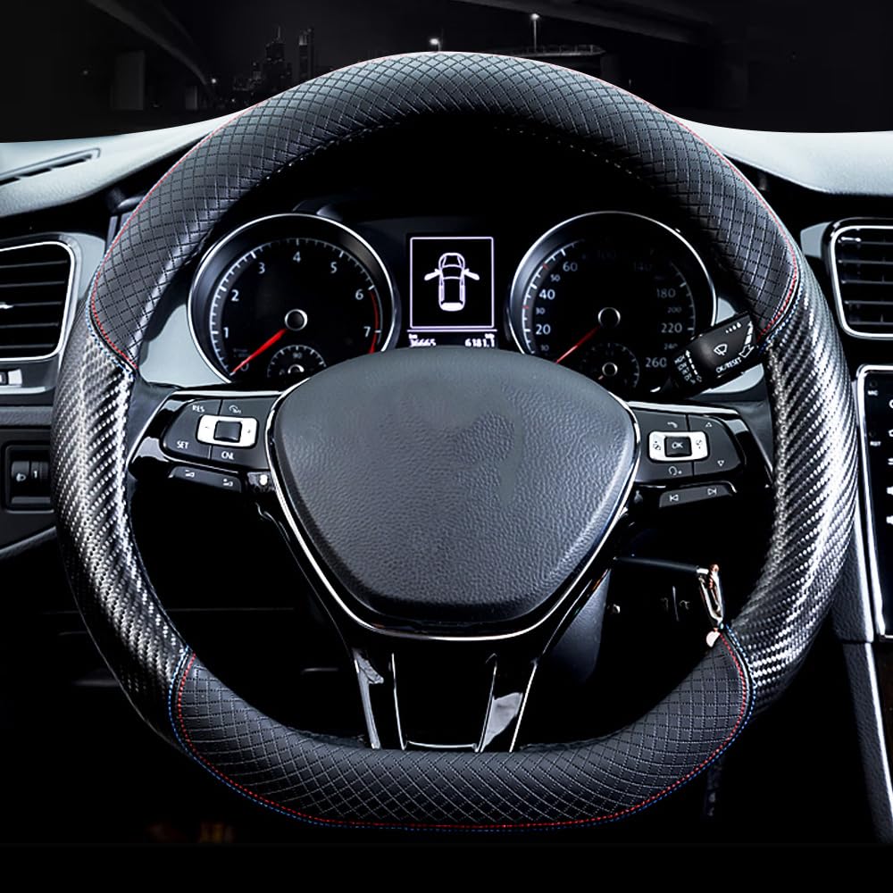 Premium Carbon Fiber & Leather D-Shape Steering Wheel Cover - Non-Slip 15