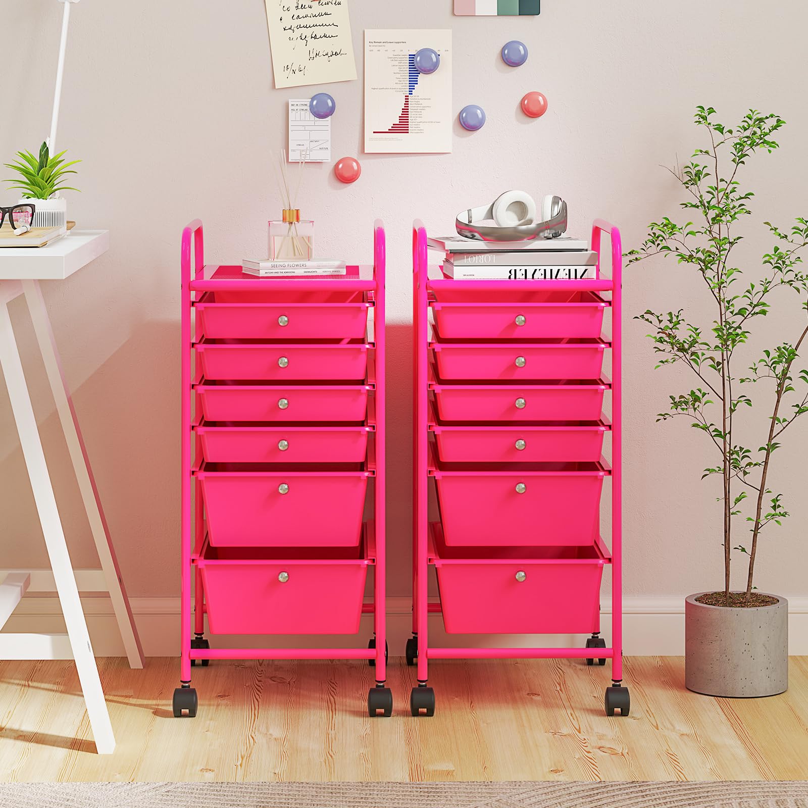 RELAX4LIFE 6-Drawer Rolling Storage Cart with Removable Plastic Bins - Mobile Organizer for Classroom, Home Office & Craft Supplies | Portable Utility Cart for School, Art Projects & Office Organization (Pink)