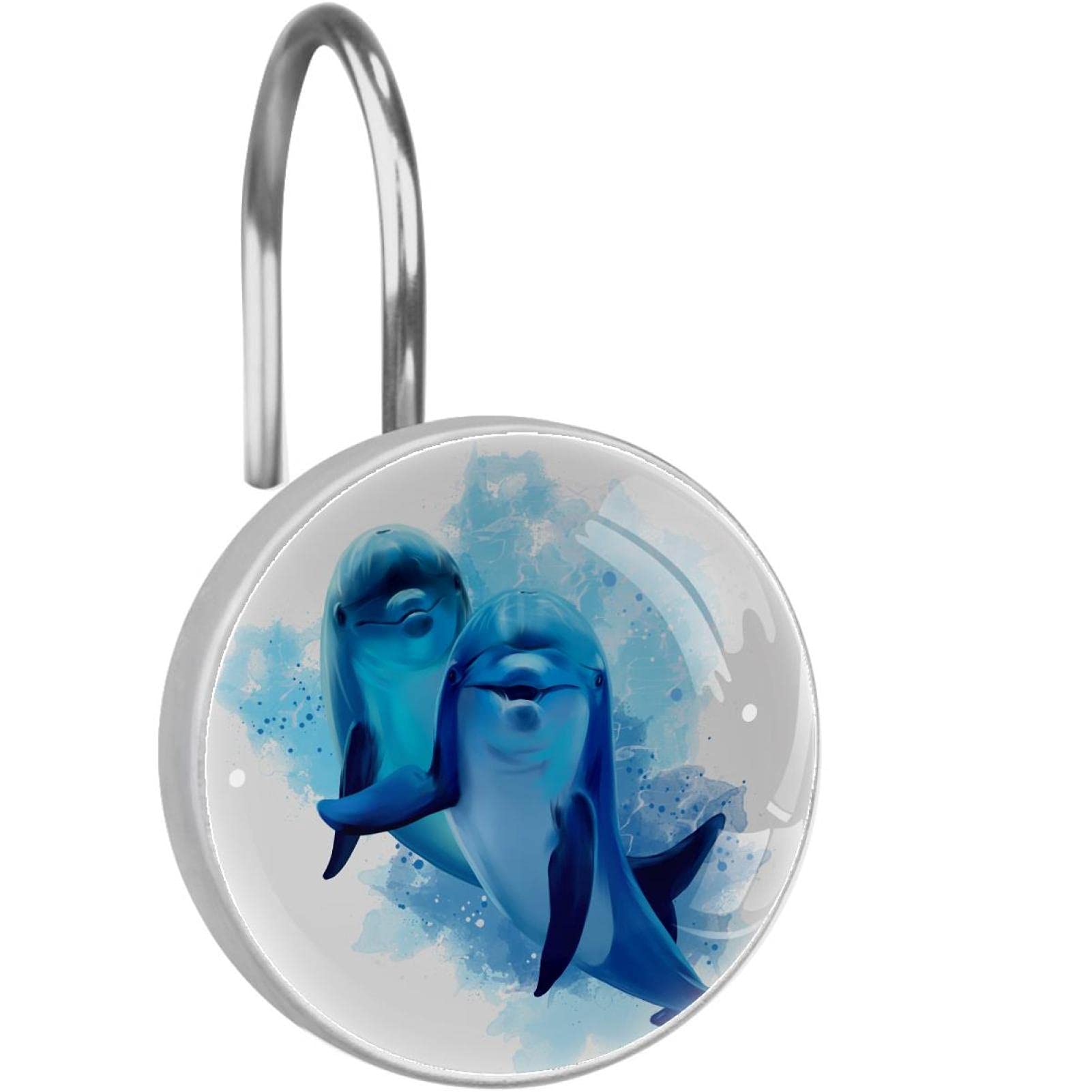 12 Pack Blue Dolphin Shower Curtain Hooks - Rustproof Stainless Steel & Glass Shower Rings for Bathroom Decor - Durable Shower Rod Hooks for Coastal, Nautical or Kids' Bathroom Themes