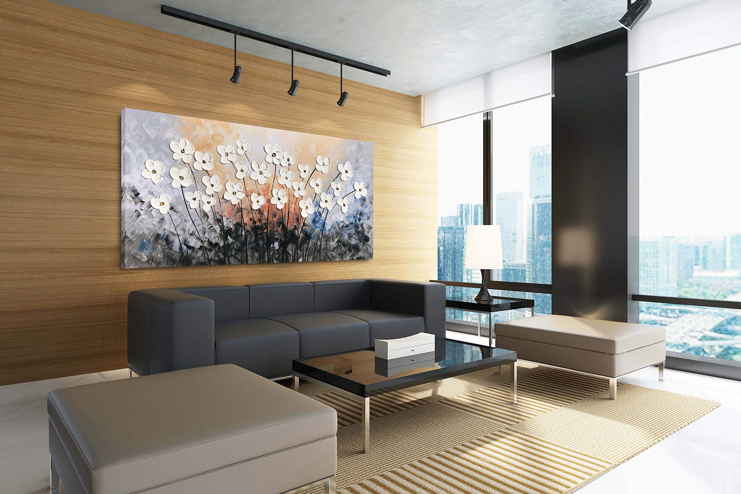 Yihui Arts Floral Paintings Canvas Wall Art - Contemporary Grey Framed Canvas Print for Living Room, Bedroom & Office Decor - Ready to Hang Modern Home Artwork