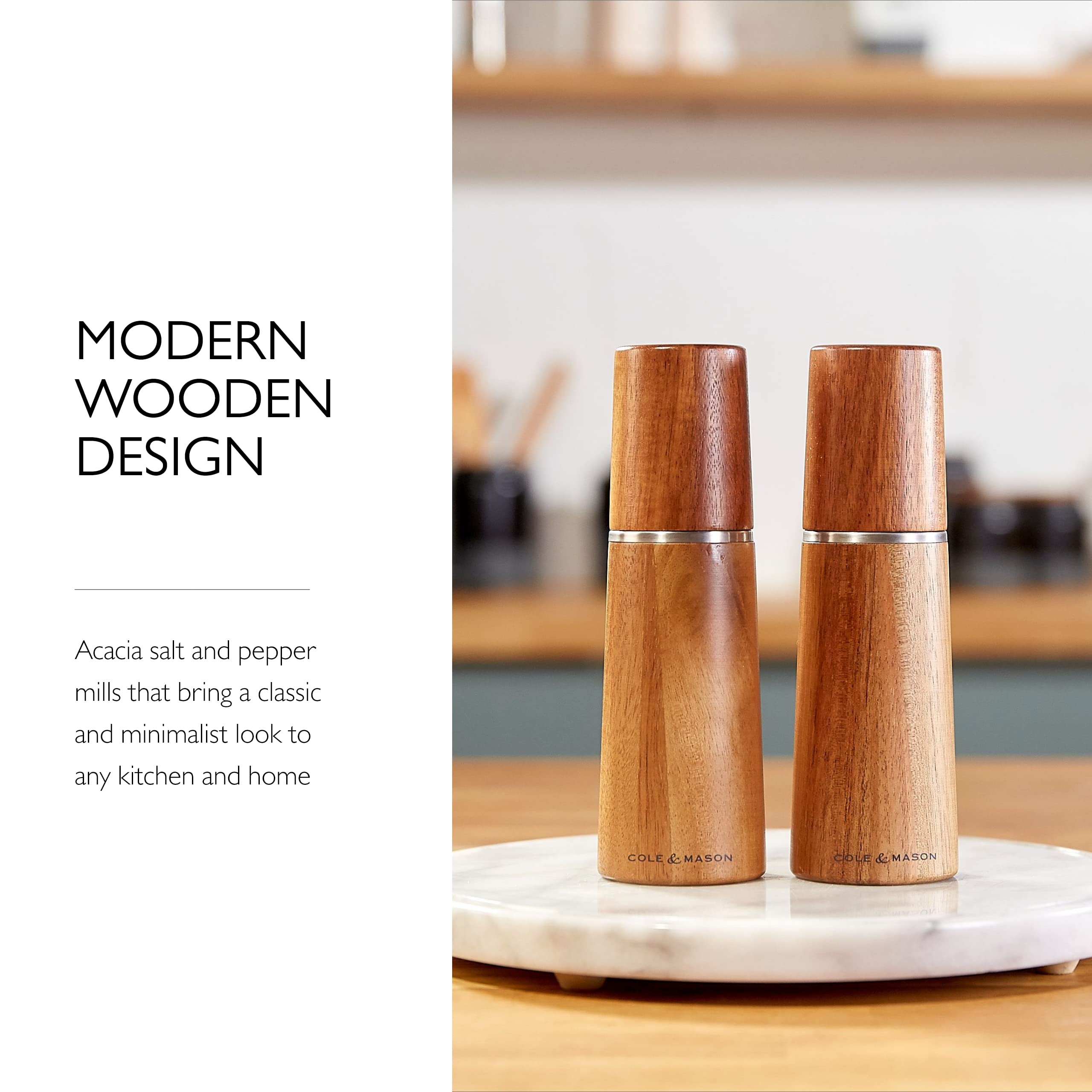 Premium Cole & Mason Marlow Wooden Salt and Pepper Grinder Set - Adjustable Coarseness, Refillable Spice Mill - Natural Acacia Wood - Perfect for Kitchen, Dining Table & Gourmet Cooking