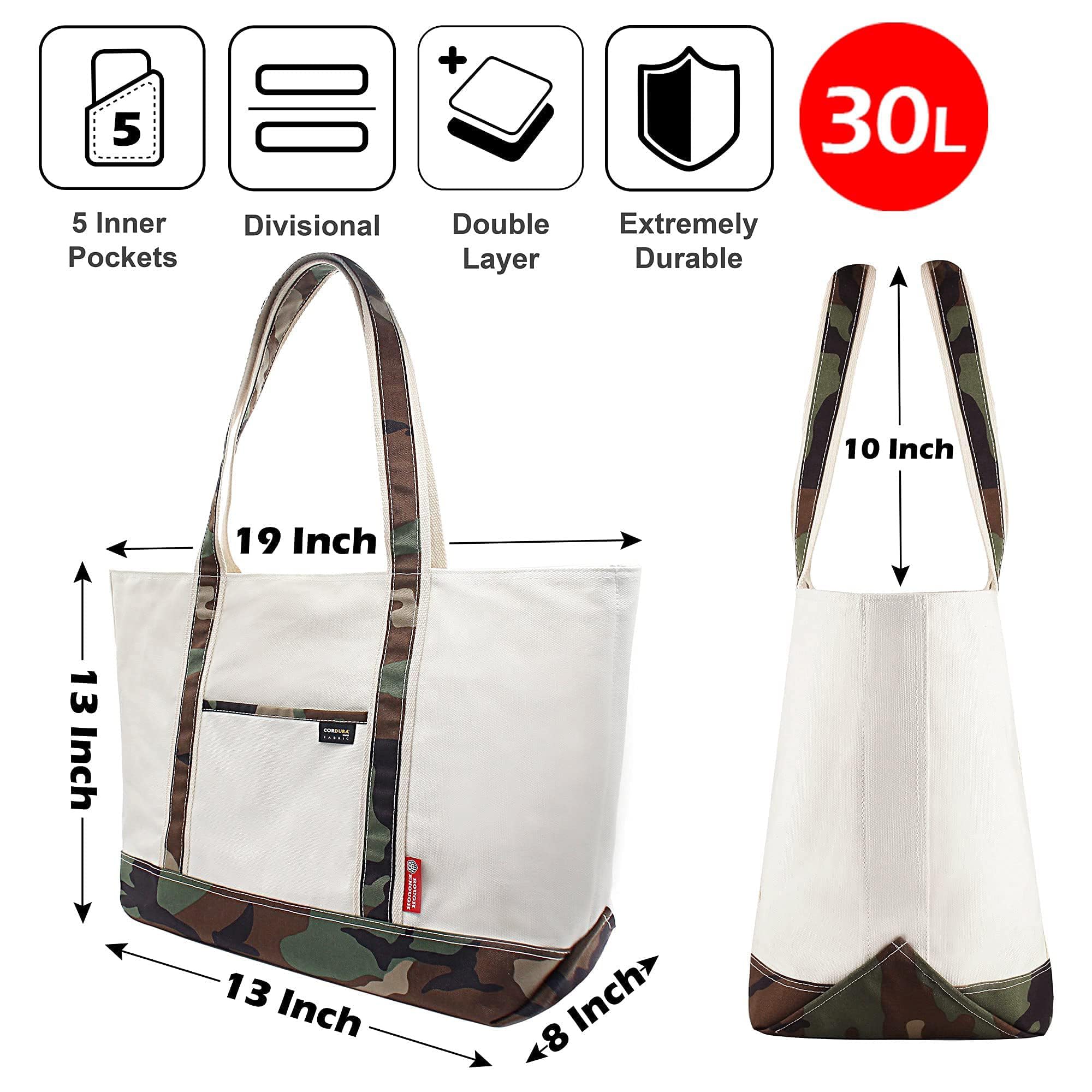 Large Canvas Tote Bag with Pockets & Magnetic Closure - 30L Blank Beige Camo - Durable Work, Book, Travel & Gym Bag for Women & Men | Perfect for Office Commute, Beach Trips & Shopping