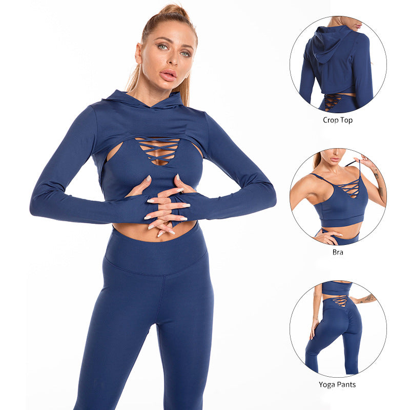 3-Piece Women's Sports Suits Set - Long Sleeve Hooded Top, Hollow Design Camisole & High Waist Butt Lifting Seamless Leggings - Gym Workout Outfits for Yoga, Running & Fitness Training
