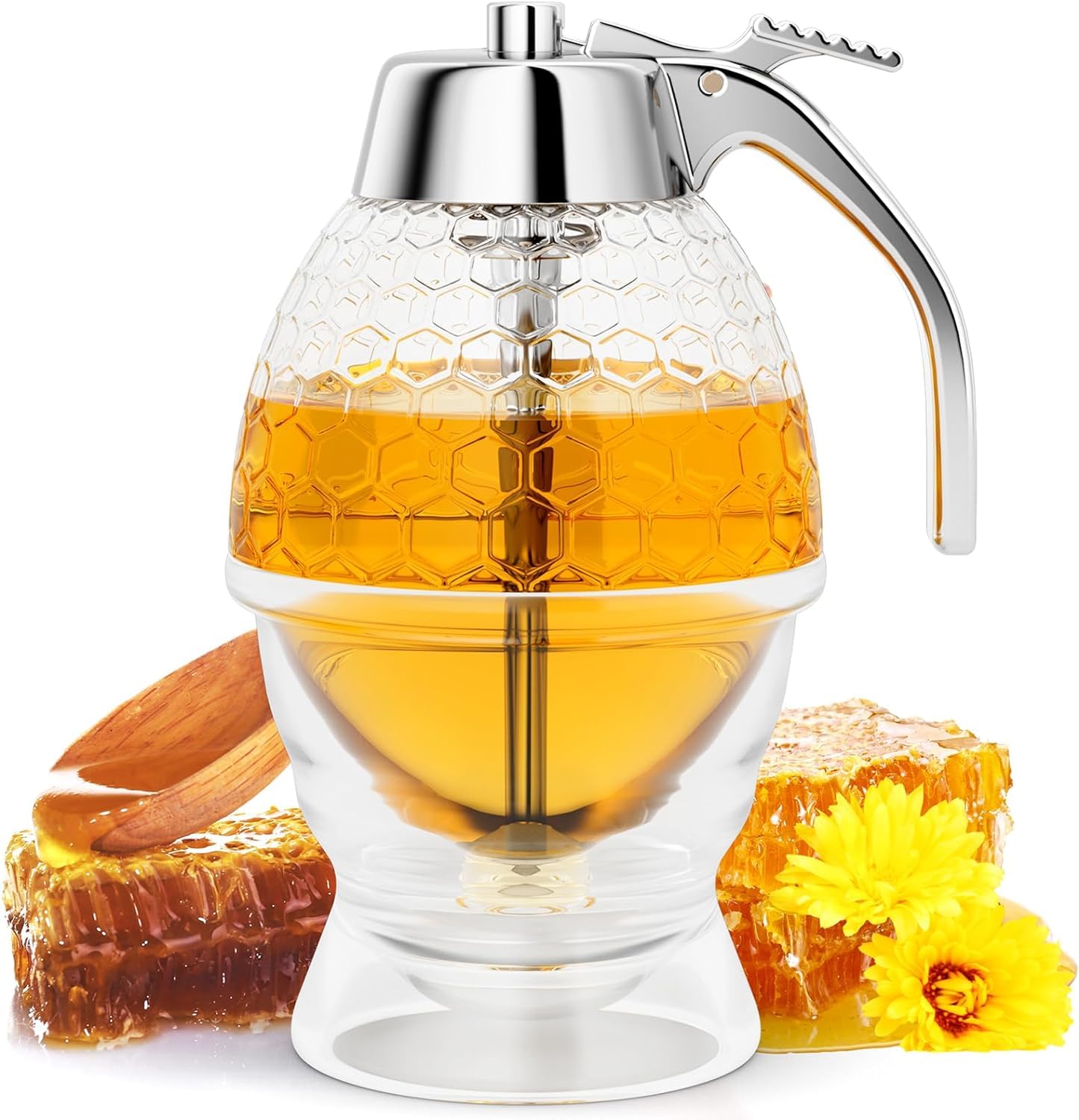 No Drip Honey Dispenser & Maple Syrup Dispenser - 8oz Beehive Shaped Honey Jar with Stand - Beautiful Kitchen Decor for Home, Coffee Bar & Breakfast Table - Perfect for Pancakes, Waffles & Tea Time