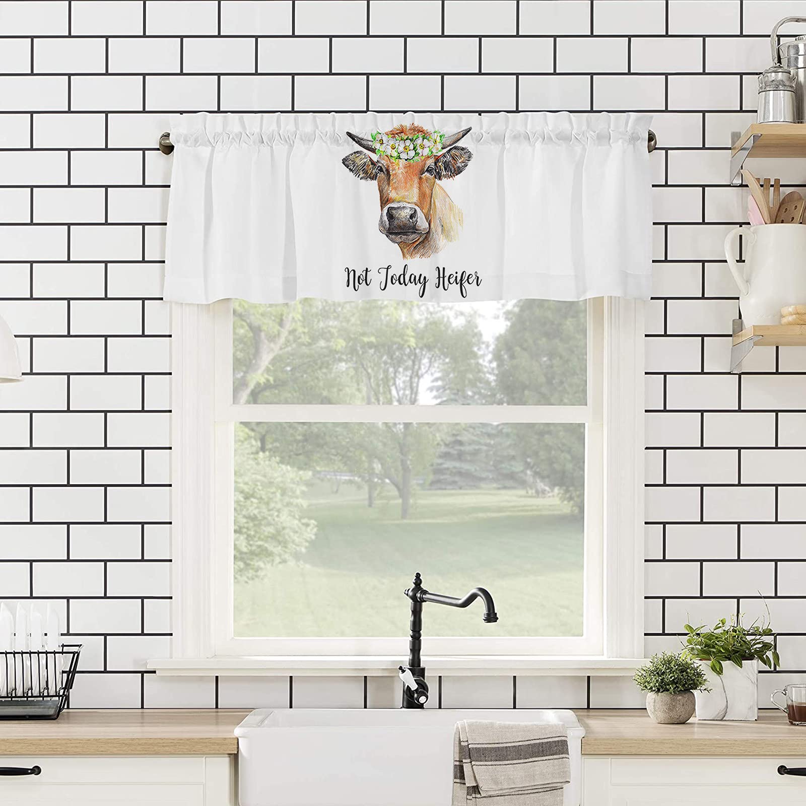 Farmhouse Cow Print Window Valance - Not Today Heifer Kitchen Curtain for Living Room, Rod Pocket Design 54