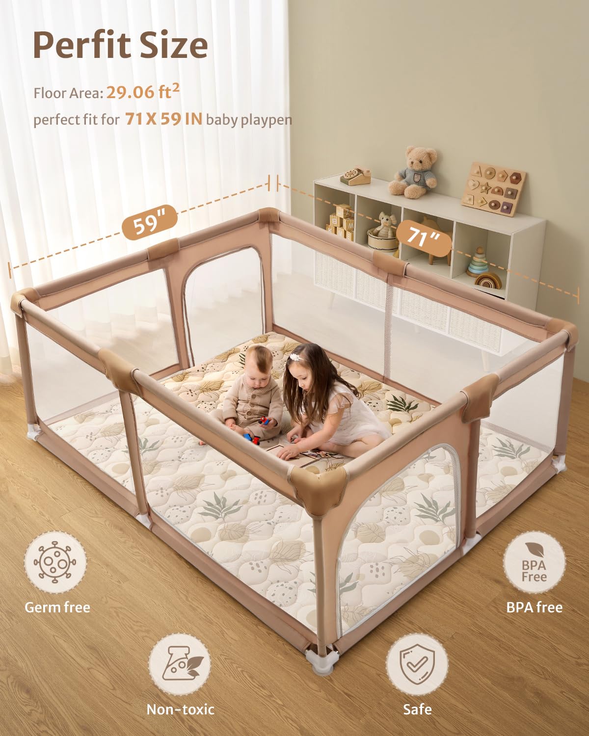 Blissful Diary Extra Thick Baby Play Mat 71x59 Inch - Large Soft Foam Floor Mat for Babies & Toddlers, Foldable Washable Crawling Mat for Playpen & Nursery - Earth Tone Design - Perfect for Playtime, Learning & Safe Crawling