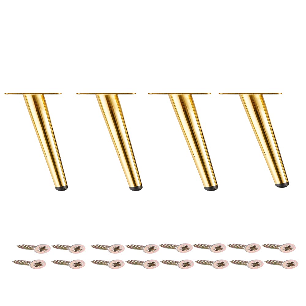 4 Inch Steel Round Tapered Furniture Legs - Gold Slant Metal Cabinet Feet (4 Pack) | Heavy Duty Table Legs for Coffee Tables, Sofas & Cabinets | Perfect for Home Office & Living Room Furniture