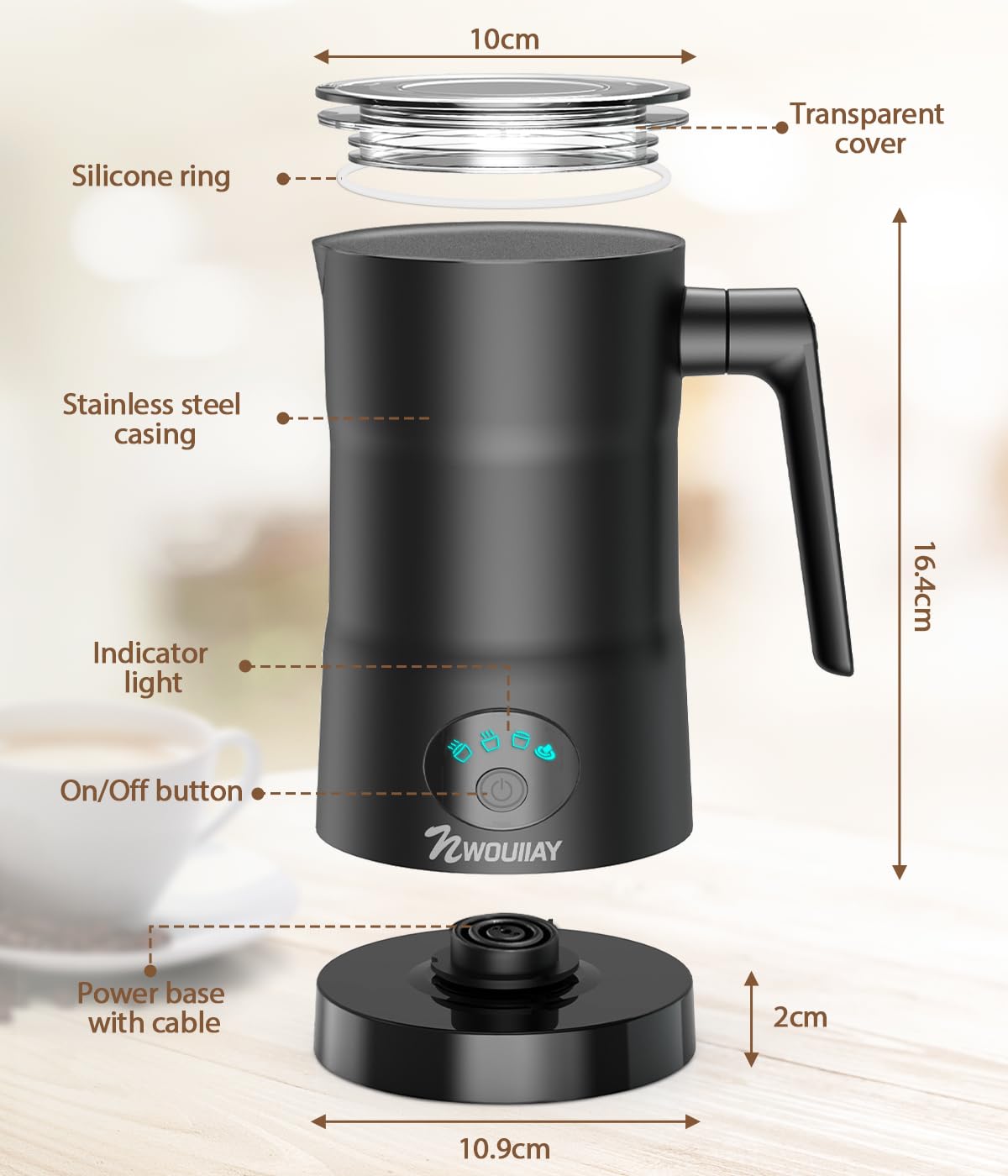 4-in-1 Electric Milk Frother and Steamer with 350ml (11.8oz) Capacity - Hot & Cold Foam Maker with Intelligent Temperature Control for Perfect Latte, Coffee, Cappuccino & Hot Chocolate - Ideal for Home Baristas, Coffee Shops & Office Use