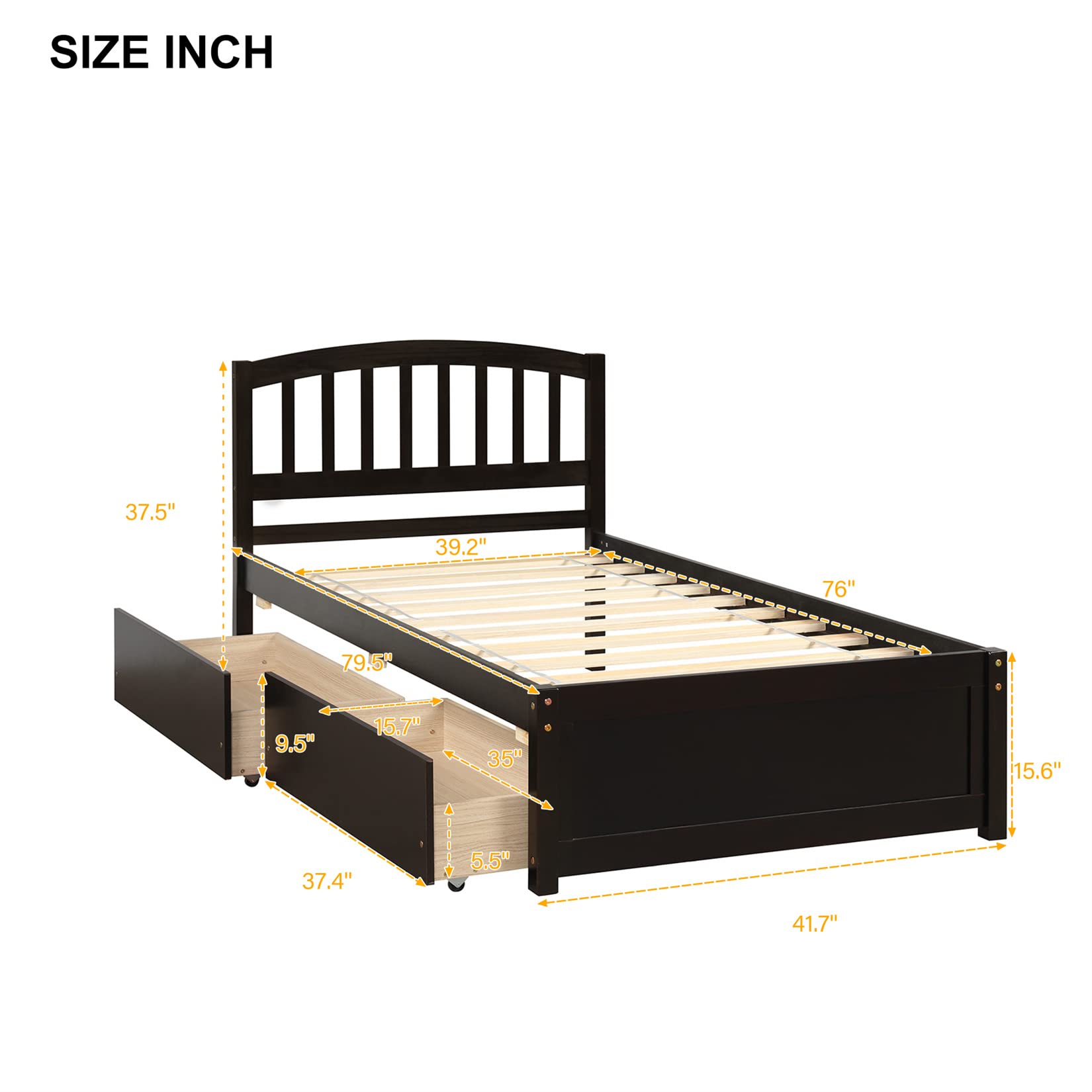 Twin Bed Frame with Storage Drawers - Solid Wood Platform Bed with Headboard & Footboard for Kids, Teens & Adults - Espresso Finish - Perfect for Small Bedrooms, Guest Rooms & Dormitories