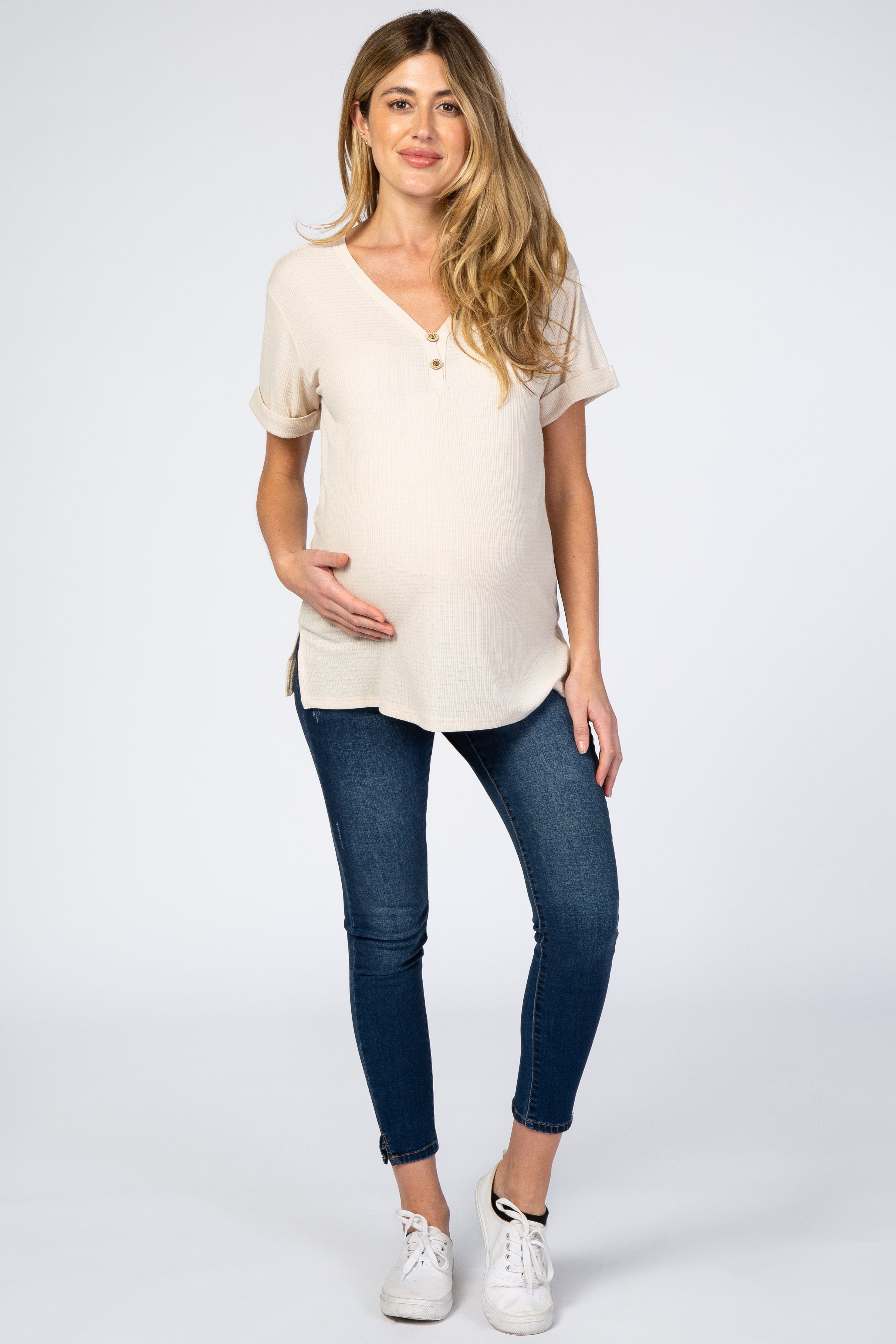 Beige Ribbed Cuff Sleeve Maternity Top - Comfortable Pregnancy Shirt for Women | Perfect for Casual Wear, Office & Maternity Photos