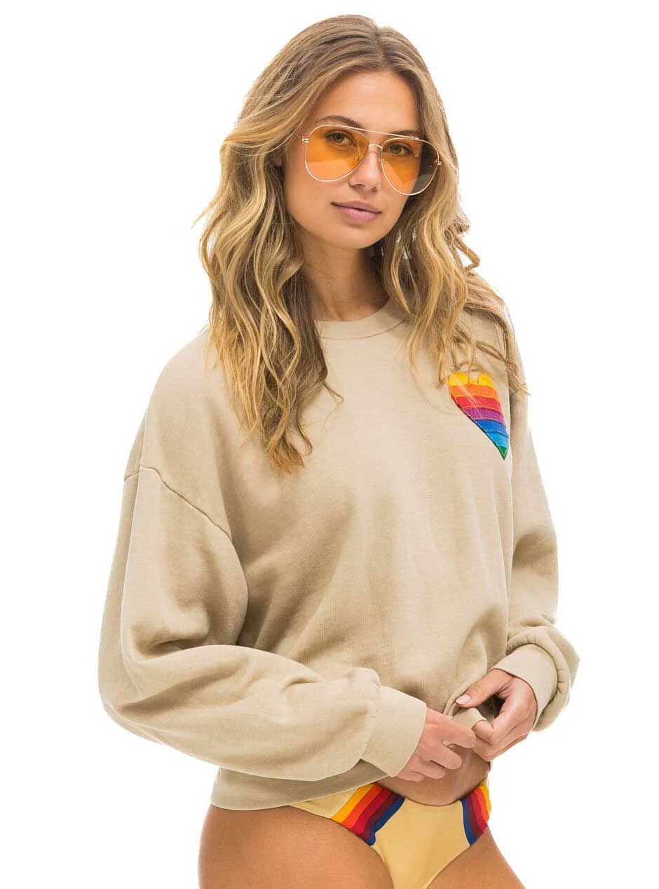 Aviator Nation Women's Rainbow Heart Stitch Relaxed Crew Sweatshirt - Sand Tan | Cozy Casual Pullover for Everyday Wear, Street Style & Lounge Comfort