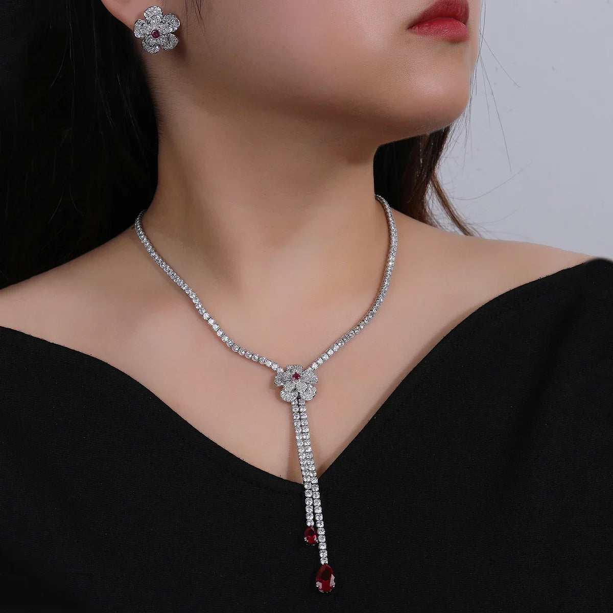 Elegant Floral Y Necklace & Earrings 2-Piece Set for Women - Wedding, Bridal, Party Jewelry Accessories - Perfect for Bridesmaids, Prom, and Formal Events