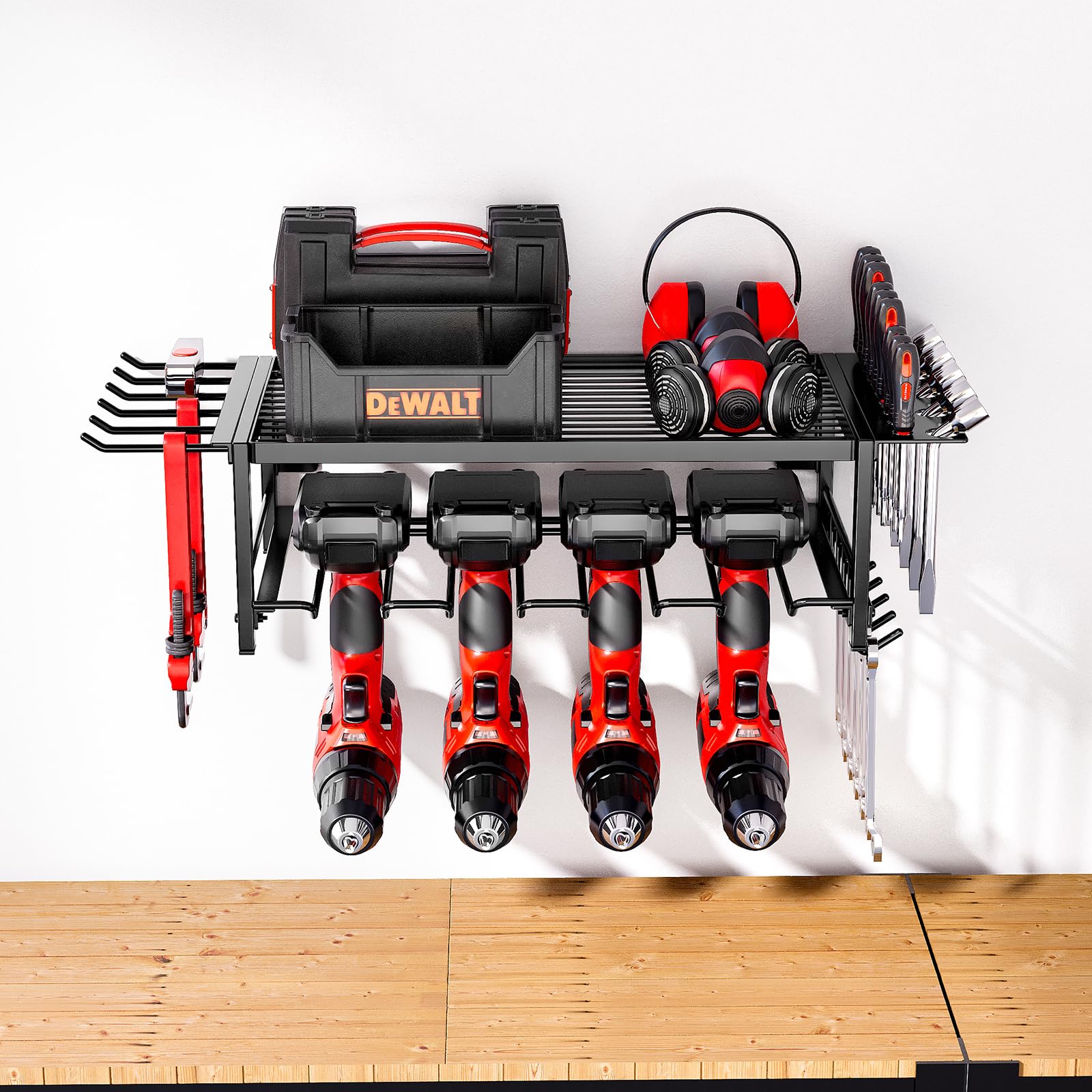 Heavy Duty 2-Layer Metal Garage Tool Organizer with Drill Holder, Screwdriver Holder, Plier Holder & Hammer Holder - Wall Mounted Power Tool Storage Shelf for Garage, Workshop & DIY Projects (Black)
