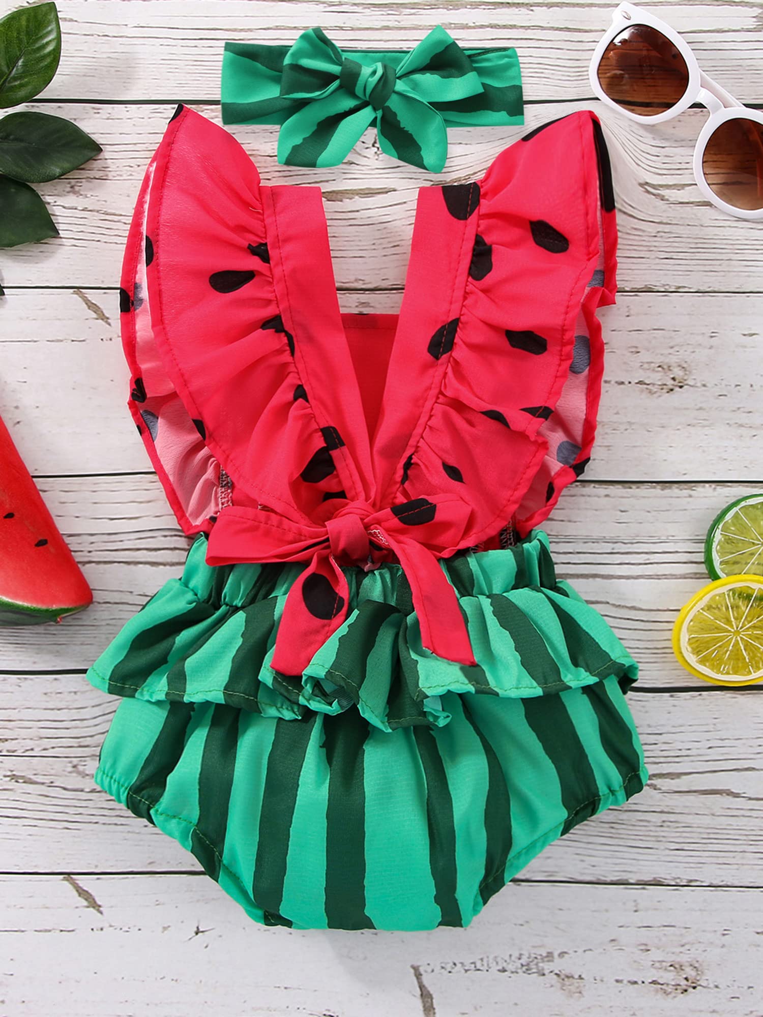 Adorable Newborn Baby Girls Watermelon Print Ruffle Bodysuit & Headband Romper Set - Soft Summer Jumpsuit Outfit for Photoshoots, Parties & Playtime