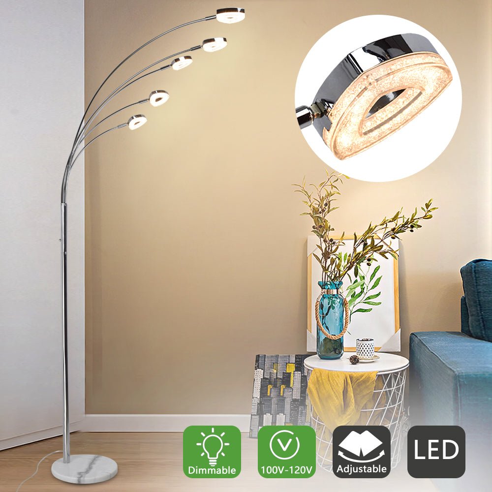 DLLT 5-Head Adjustable Arc Floor Lamp - Modern Spider Design with 5 Flexible Arms, 3 Brightness Levels (Warm White) - Silver Standing Light for Living Room, Bedroom & Office - Perfect for Reading, Working & Ambient Lighting