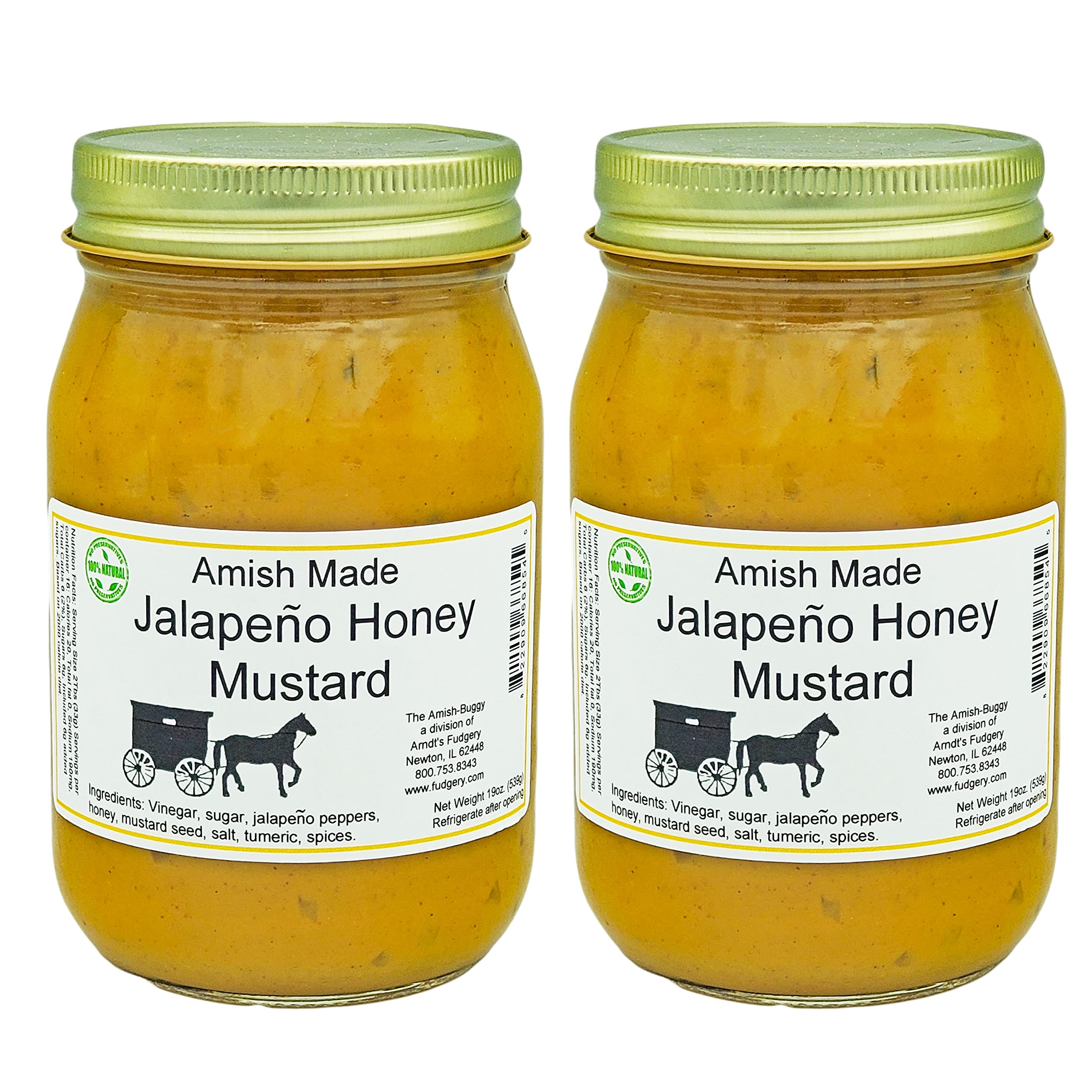 Amish-Buggy Jalapeno Honey Mustard - 19 oz (2 Jars) - Spicy Sweet Condiment for Sandwiches, Burgers & BBQ - by Arndt's Fudgery