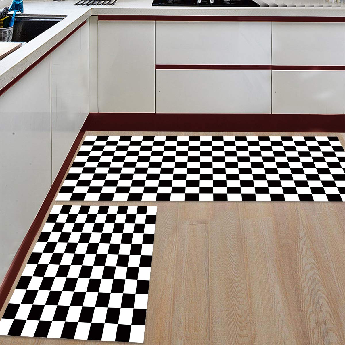 2-Piece Non-Slip Kitchen Mat Set - Checkered Pattern Floor Rug with Rubber Backing (15.7
