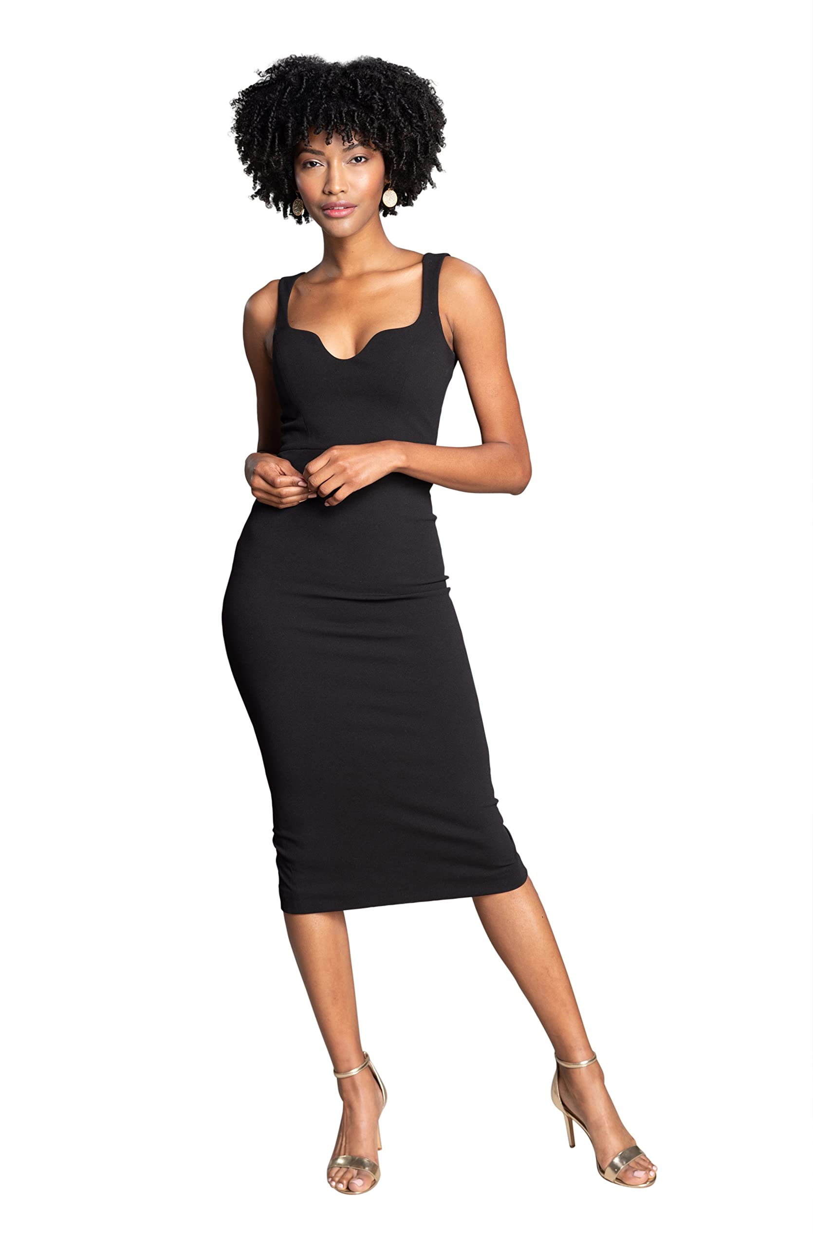Dress the Population Women's Sloane Rounded V-Neck Bodycon Midi Dress - Elegant Slim Fit Cocktail Party & Evening Wear for Women