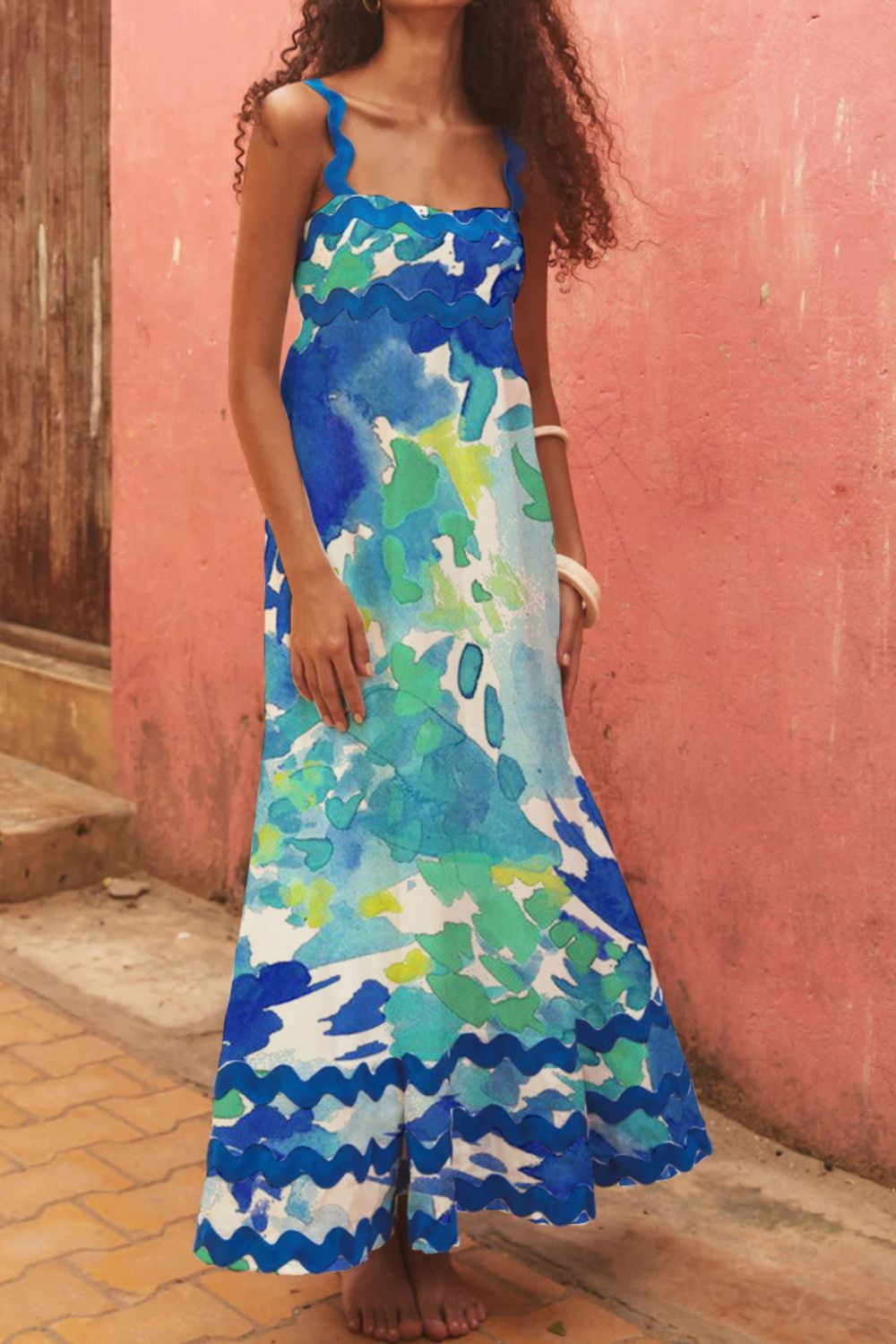 Stylish Tropical Print Square Neck Wide Strap Maxi Dress for Women | Beach Vacation, Summer Party & Casual Outfit