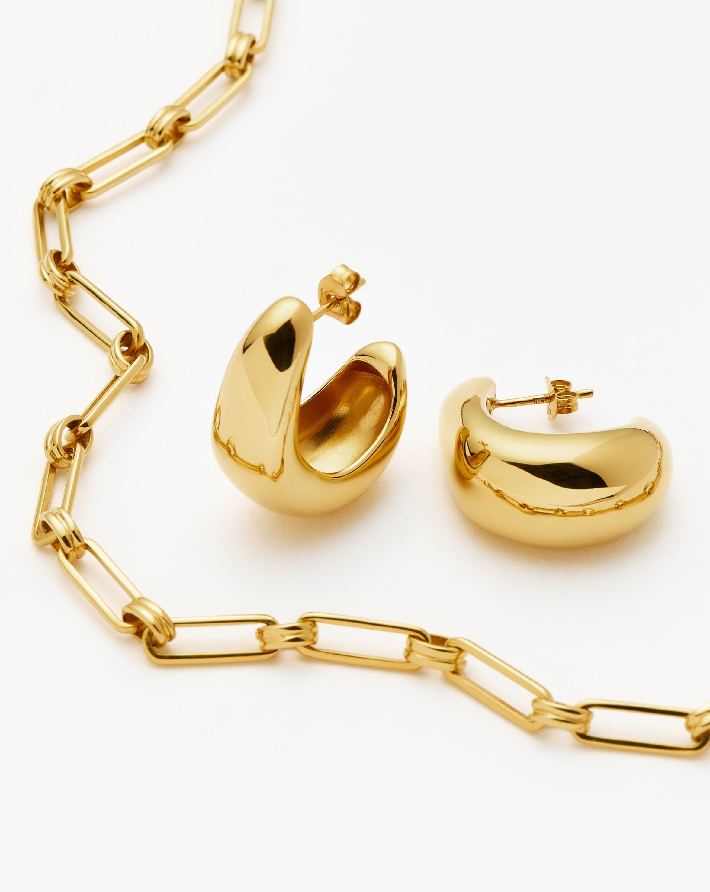 18k Gold Plated Dome Hoop Earrings and Chain Necklace Set for Women - Elegant Jewelry Gift for Birthday, Anniversary, Party & Everyday Wear