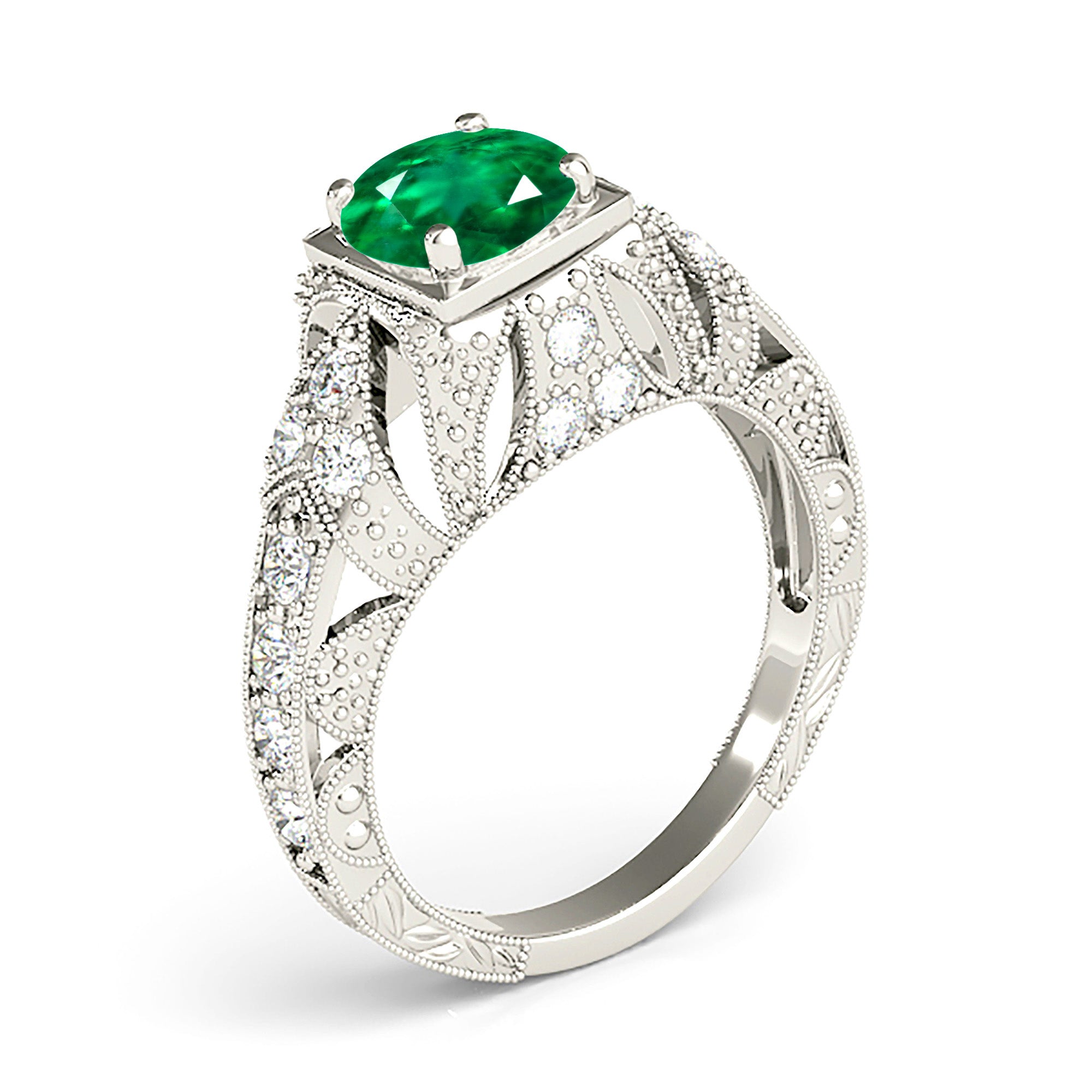 1.15 Carat Genuine Solitaire Emerald Ring with Filigree & Milgrain Band - Elegant Engagement, Wedding, Anniversary Jewelry Gift for Women