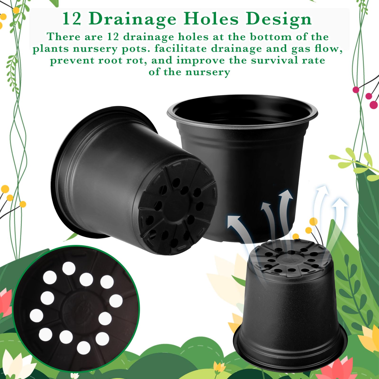 1500 Pcs 6 Inch Black Plastic Seedling Pots with Drainage Holes - Reusable Plant Nursery Containers for Indoor/Outdoor Gardening, Seed Starting, Flower Transplanting - Perfect for Greenhouses, Home Gardens & Urban Farming