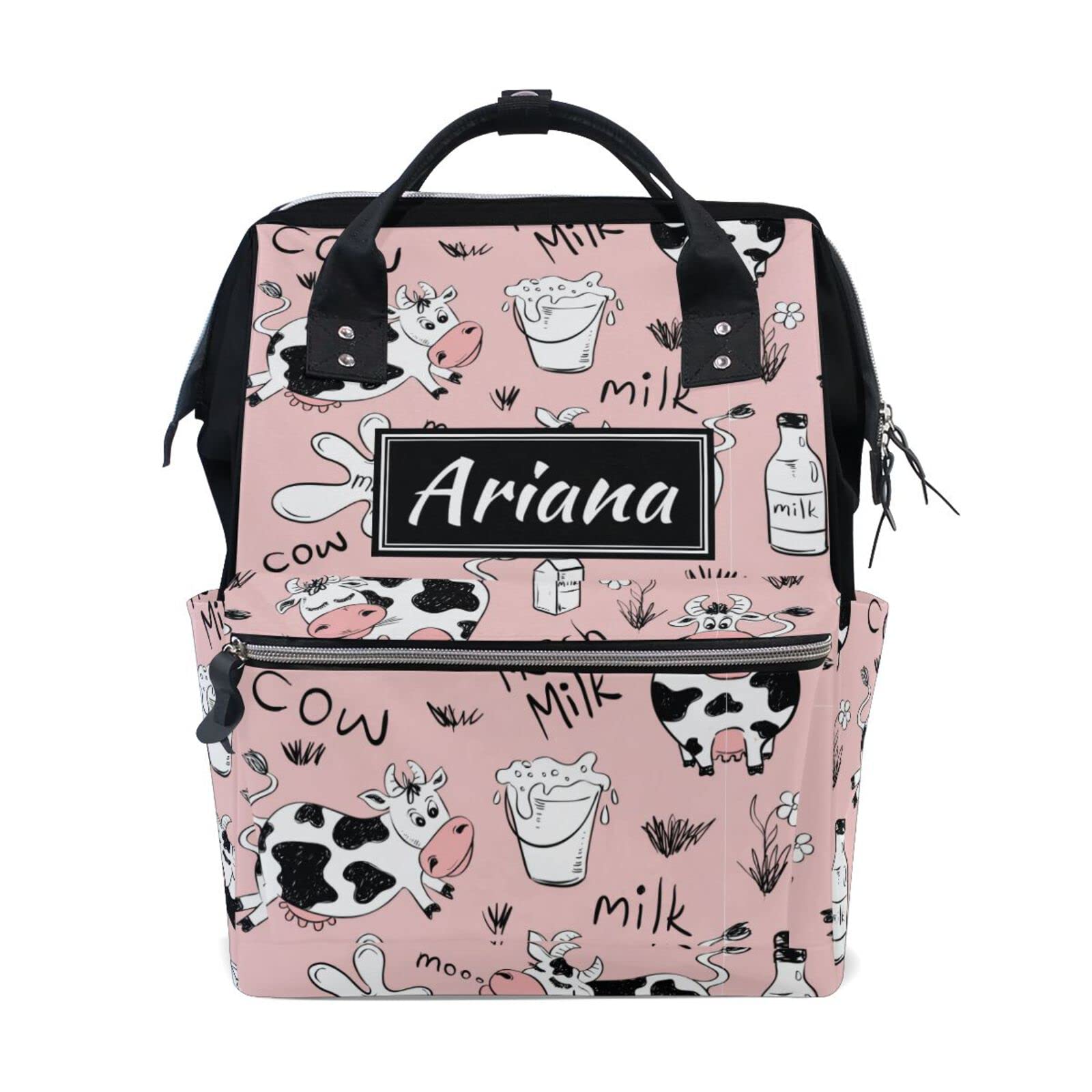 Custom Funny Cow Milk Diaper Backpack - Personalized Large Capacity Mommy Tote Bag for Travel & Baby Essentials | Multifunctional Gift for New Moms | Perfect for Daycare, Park Outings & Family Trips