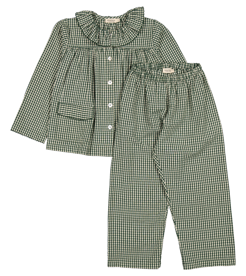 MarMar Copenhagen Women's Green Check Frill Pajama Set - Soft Cotton Sleepwear for Lounge & Bedtime Comfort