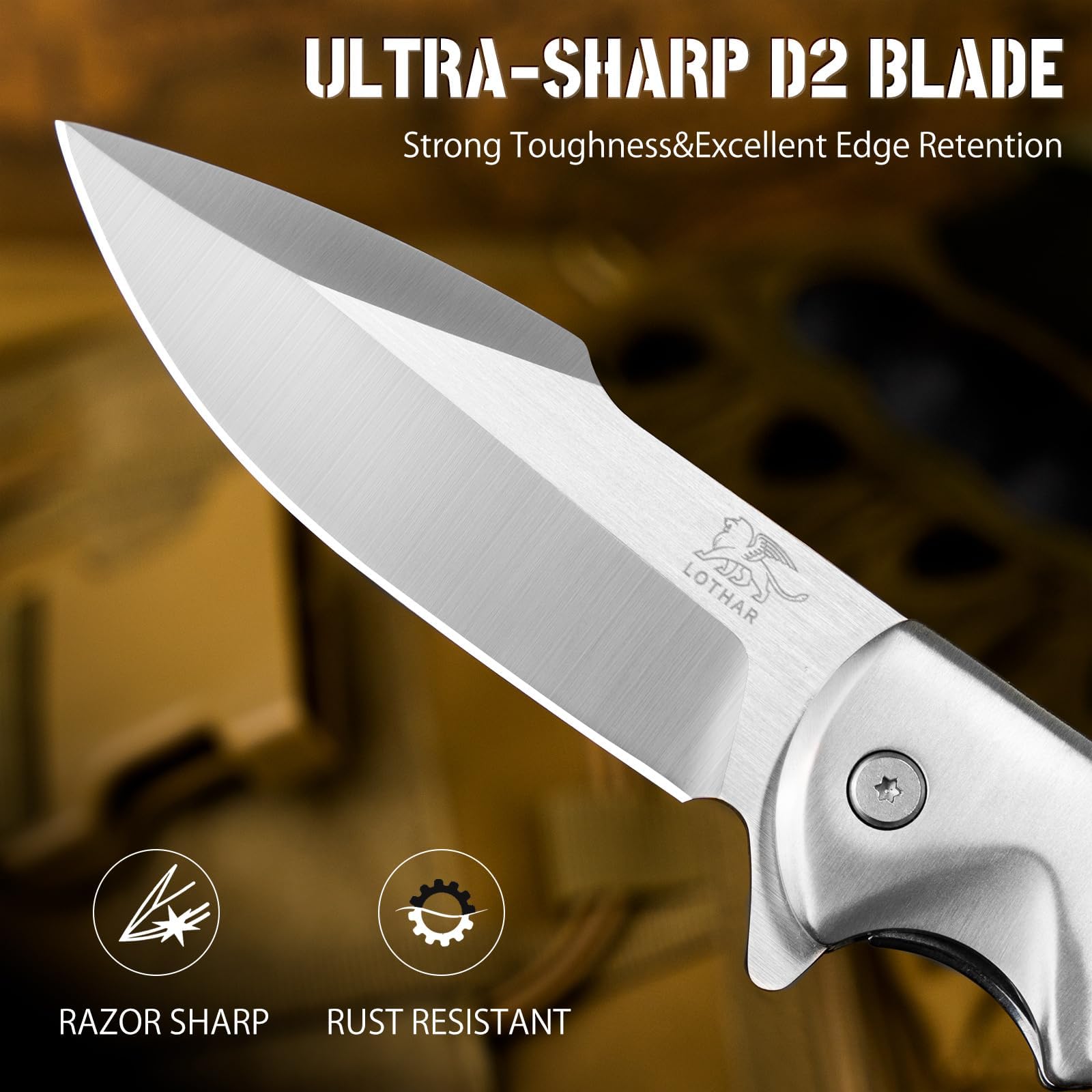 LOTHAR SMAUG 3.7 Inch D2 Steel Folding Pocket Knife with Clip - Tactical Survival Knife with G10 Handle & Glass Breaker - EDC Knife for Men Women - Perfect for Camping, Hiking, Outdoor Adventures & Valentine's Day Gifts