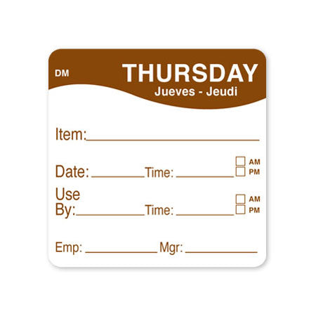 DayMark 1100534 Thursday Dissolve Labels - 2 x 2 Inches, Roll of 250 Self-Adhesive Food Safety Tags | Perfect for Restaurant Kitchen, Daycare Meal Prep & Commercial Food Storage Organization