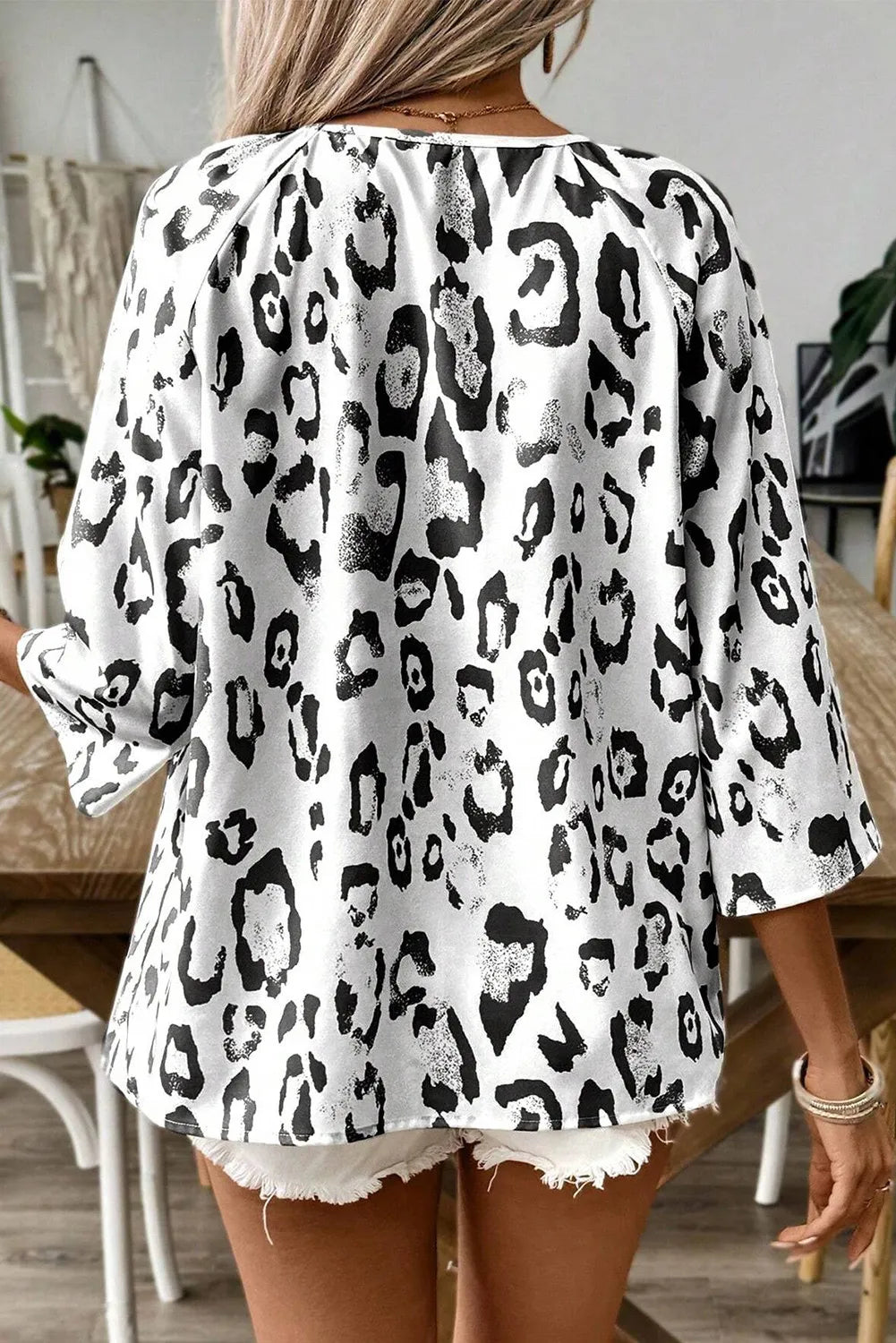 Leopard Print V-Neck Three-Quarter Sleeve Blouse for Women - Stylish Animal Print Top for Office, Party & Casual Wear