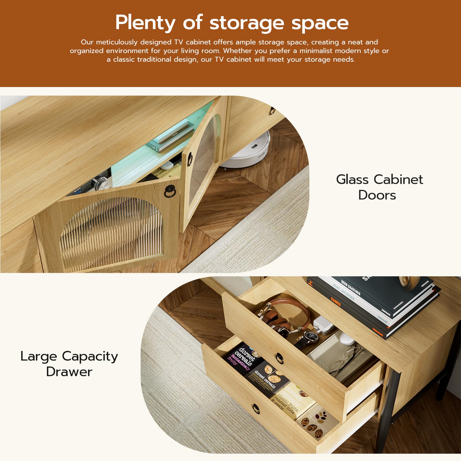 85 Inch Glass LED TV Stand - Modern Entertainment Center with 2 Glass Doors & 4 Drawers - Wooden Console Table for Living Room & Bedroom - Perfect for Home Theater Setup & Media Storage